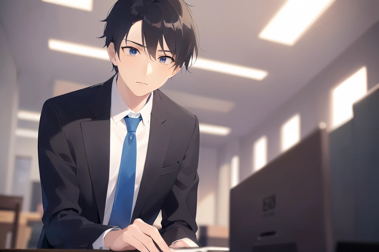 (looking away:1.5), Shooting from below, masterpiece、highest quality、(25 year old male:1.5) and (black short hair) and (blue eyes), wearing a suit、wearing a white shirt、Wearing a blue tie、sitting、serious expression、The background is an office、(Alone:1.5)、Are standing