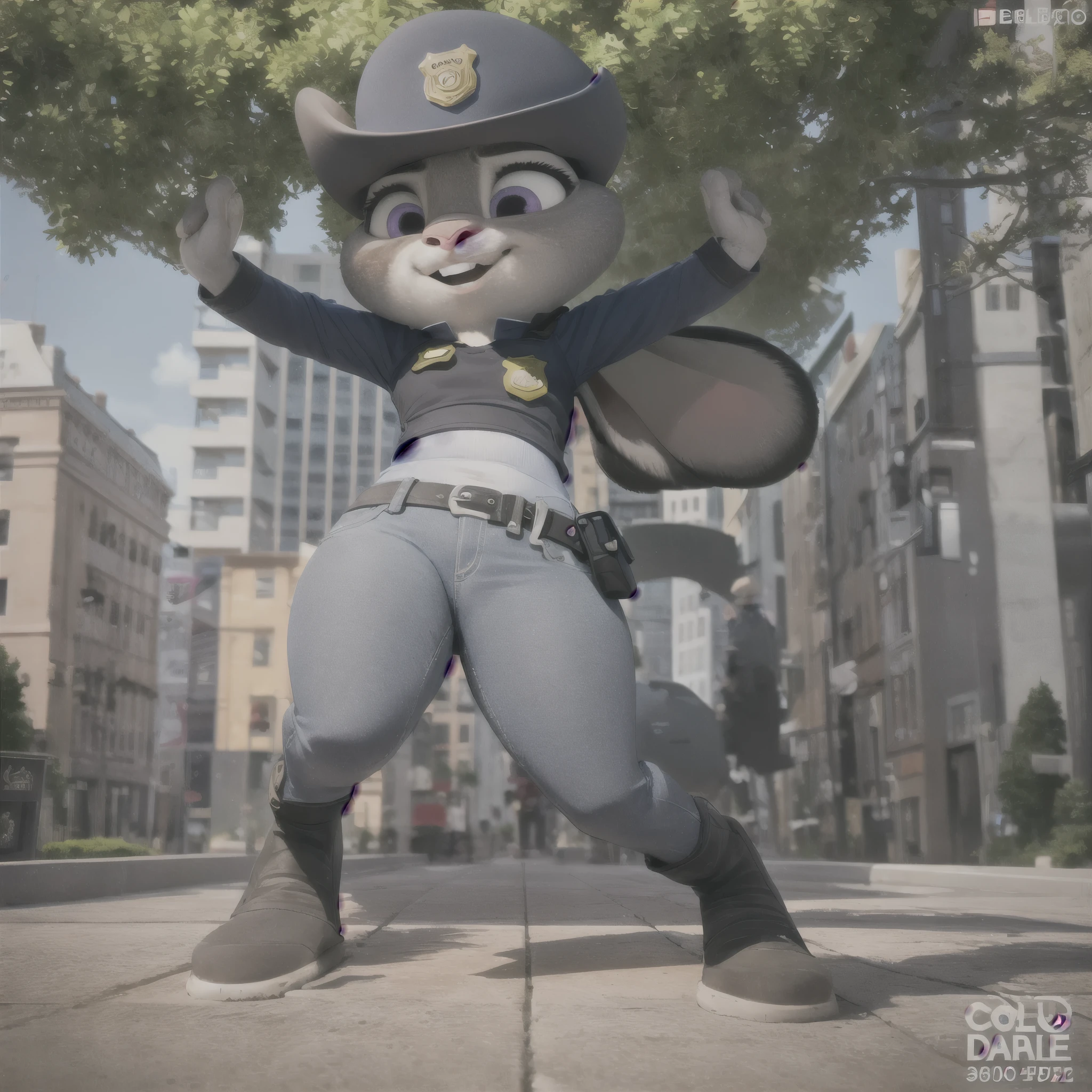 orejas hacia abajo, (Mejor calidad, obra maestra:1), peluda hembra antro judyhopps, retrato, uniforme de policia, uniforme completo, cola de conejo, police belt, police badge, pantalones azules, sonrisa, ojos morados, pelaje del cuerpo, ((caderas anchas)), de perfil, ojos seductores, (fondo urbano detallado de la ciudad:1.1), estilo pixar 3d, 