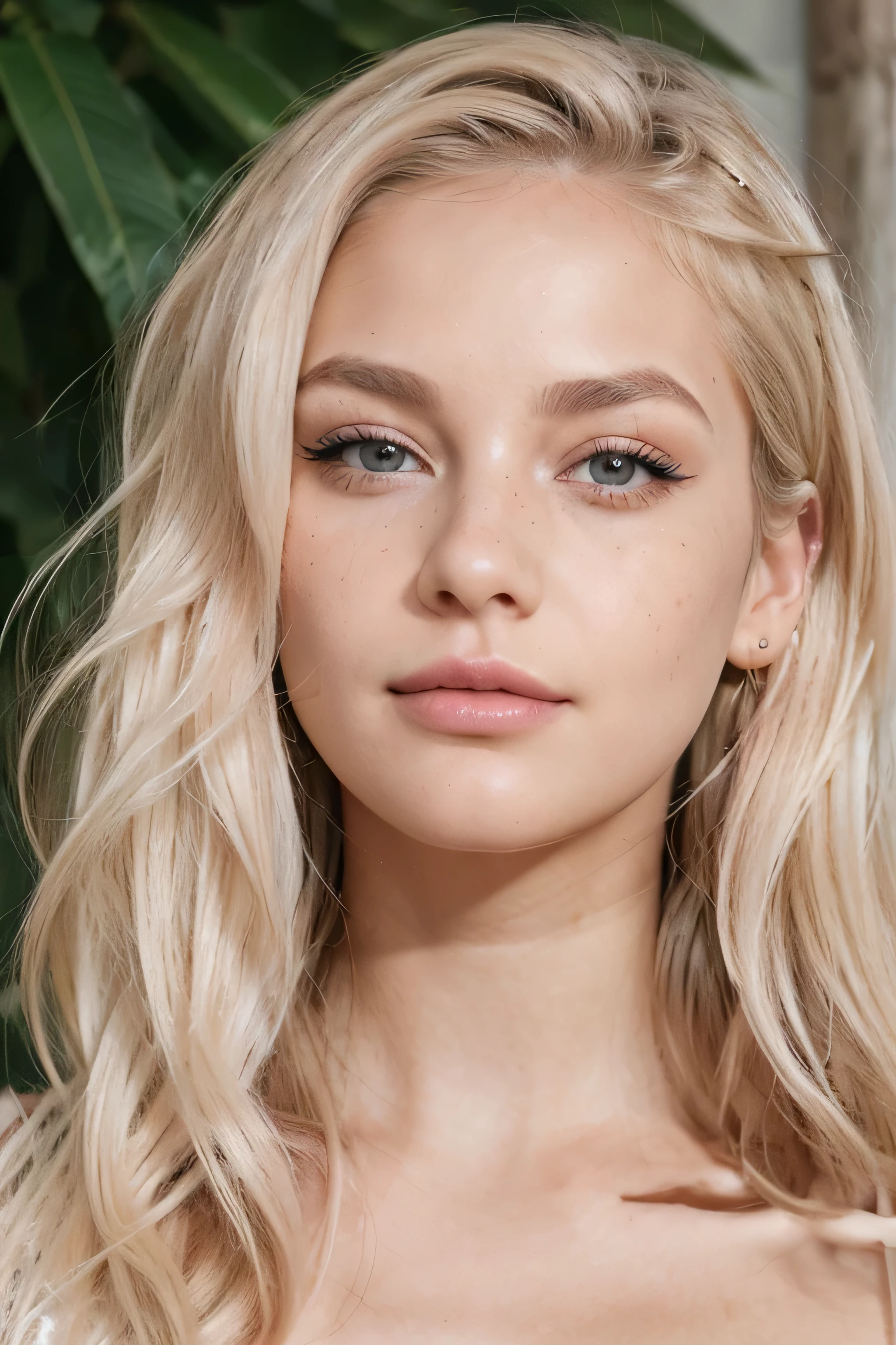 Create me a woman with the following features. She has platinum blonde hair styled in voluminous waves.
Her eyebrows are well-groomed and a light brown color, contrasting with her hair.
The girl's skin is fair with a smattering of freckles across the bridge of her nose and cheeks.
Her eyes are a light color, potentially blue or light green, framed by long, mascara-enhanced eyelashes.
There is a small, hoop nose ring in her left nostril.
She has full lips with a neutral or light pink matte lipstick.
Her cheeks are slightly flushed, hinting at a soft blush application.
She has a small beauty mark or mole just above the left side of her upper lip.