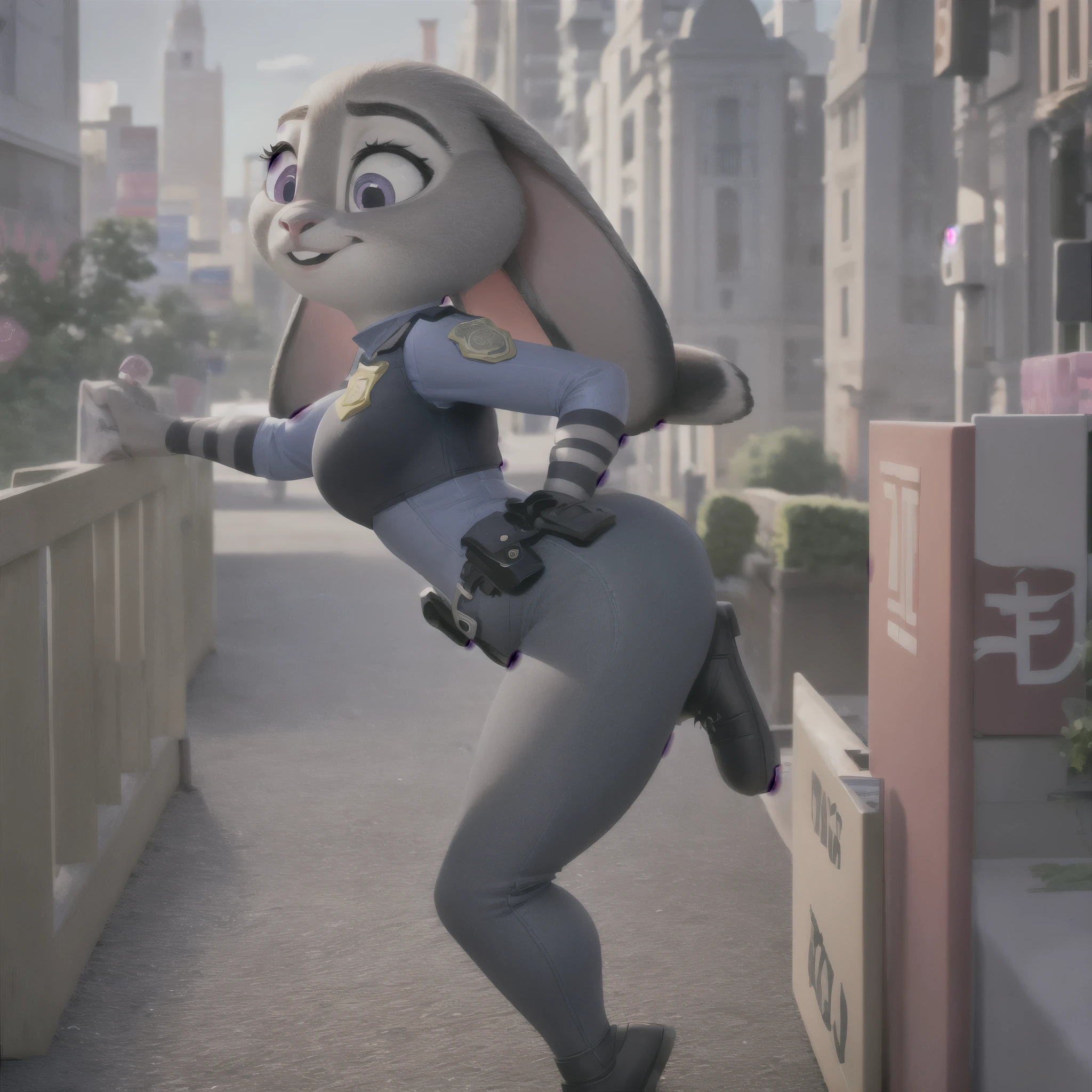 orejas hacia abajo, (Mejor calidad, obra maestra:1), peluda hembra antro judyhopps, retrato, uniforme de policia, uniforme completo, cola de conejo, police belt, police badge, pantalones azules, sonrisa, ojos morados, pelaje del cuerpo, ((caderas anchas)), de perfil, ojos seductores, (fondo urbano detallado de la ciudad:1.1), estilo pixar 3d, 