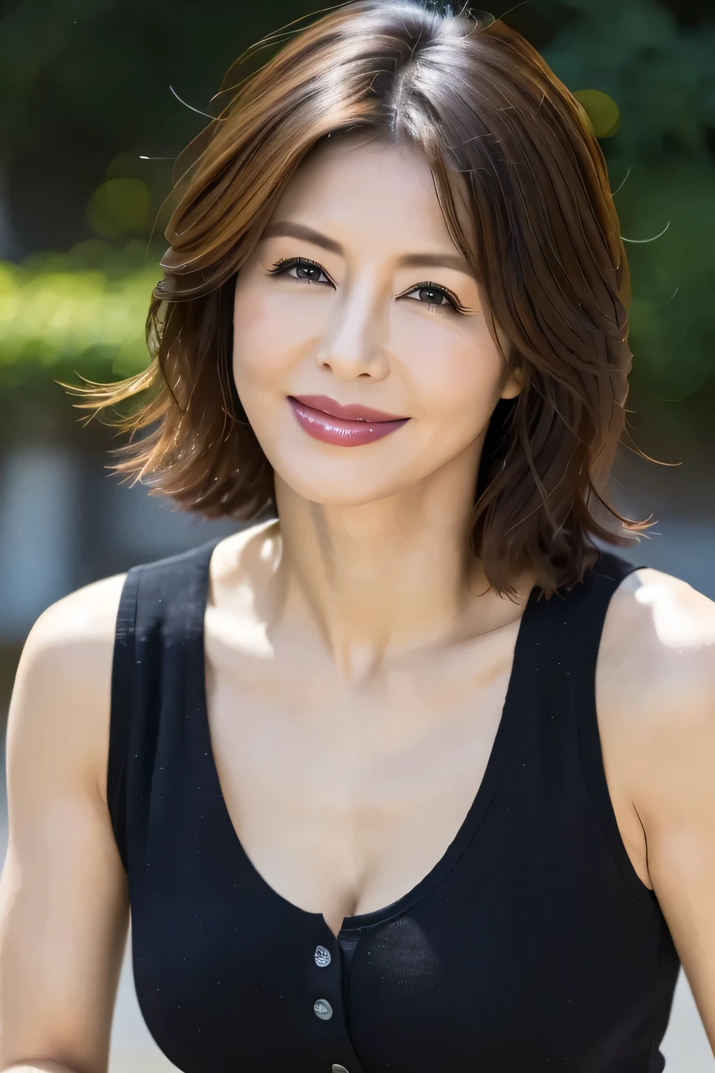 （38 years old), （black sleeveless shirt:1.2）,（white wool pants）、 double eyelid, eyelash, Red lip gloss, (smile:1), ((close your eyes:0.85)), (looking at the viewer、Are standing), (From above:0.2)、pointed red mouth、(reddish brown wet shiny short hair),red mouth,clavicle、 (Photoreal:1.3),(Raw photo）,(woman standing in front of an old castle, Beautiful lawn, Squirting, Bright sunlight in the city of Modena, Italy) , 8K, Super detailed, highest quality, rough skin, anatomically correct, masterpiece , highest quality, cinematic lighting, Use perspective throughout , surrealism , ,(realistic:1. 3),(Raw photo) , black hair, light smile, short hair, bob cut, anaglyph, stereogram, (mature woman:1), (38 years old), ((close:0.5)), glare, double eyelids, lip gloss, (smile:1), ((close your eyes:0.85)), red mouth, clavicle, ((looking at the viewer)), (short hair of reddish-brown color wet and shiny,), (I can see the whole body) , Slightly thick body type , I opened my eyes wide. , perfectly round eyes , fine texture