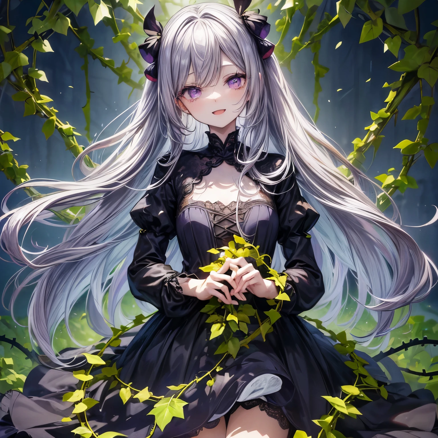((Masterpiece)), (Anime:1.5), ((best quality)), (RAW photo:1.2), (High Definition:1.3), (Professional Photography:1.2), (glowing light), 1girl, (violet eyes:1.2), silver hair, very long hair, paw pose, (wariza:1.2), pale skin, BREAK, open mouth, (naughty smile), (flat chest), (vines dress:1.4), (dress made of vines:1.2), BREAK, ((best quality)), (surrounded by vines:1.4), (despair:1.3), gothic, (dark yellow vines:1.3), leaves, (vines tree), violet, heavy Monochrome, (depth of field:1.4),