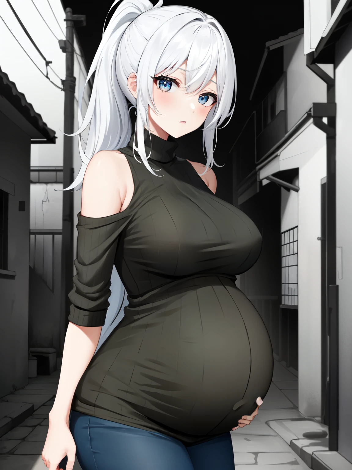 lineart, 1girl, white hair, ponytail, turtleneck sweater, bare shoulder, large breasts, pregnant, back alley