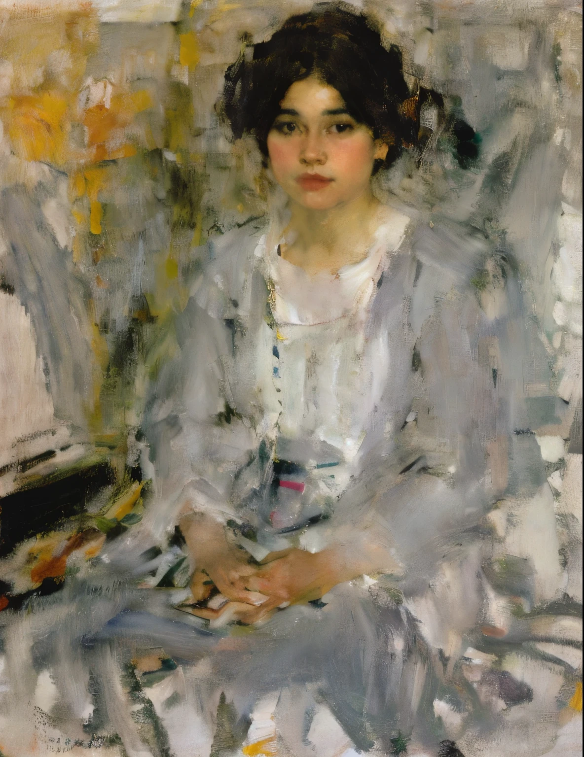 Mary Cassatt, sitting, black hair, long hair, realistic, lips, closed mouth, shirt, brush strokes