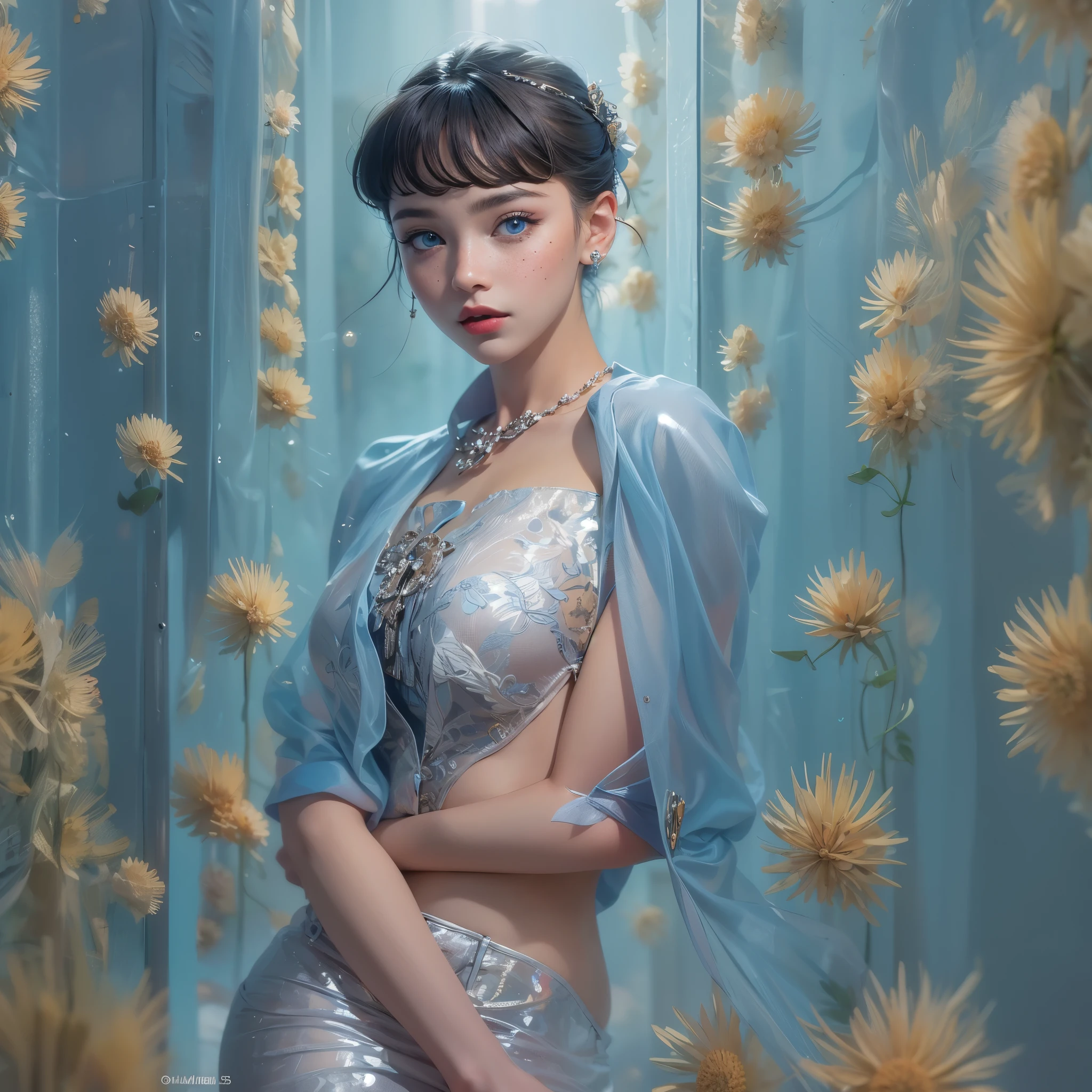 very beautiful, well-groomed girl, With clean skin, normal functions, Beautiful lips, and a slight smile on her face. beautiful figure, modern clothes, cool modern couture dress. presentation background, neutral gray-blue, in virtual space. top quality, 16 thousand.. Full HD, Cinematic rendering. Create a work of art, conveying the unique beauty of baby Michela.., Famous digital influencer. Focus on her unique facial expression, when she looks directly at the camera., trying to capture the intensity of her piercing blue eyes. Channel her signature style with a Spanish-style hairstyle., styled with two carefully crafted hairpieces.. Add details, reflecting her charming and avant-garde personality.. We took care of that, to convey an aura of modernity and originality, which characterizes Lil Miquela in the digital world. ., Some freckles and nevi, and short hair, wrapped