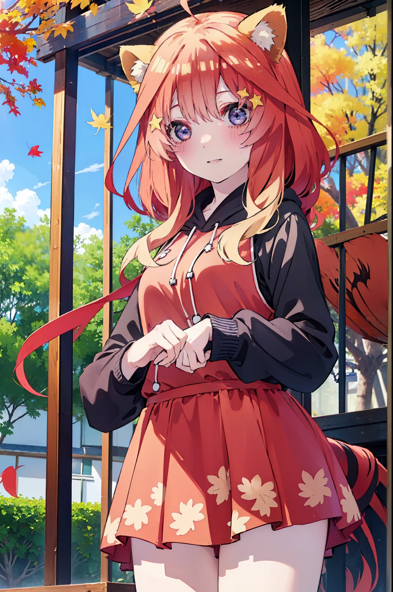 itsukinakano, itsuki nakano, bangs, blue eyes, hair between eyes, Ahoge, redhead, star \(symbol\), short braided hair,hair ornaments, star hair ornaments,smile,blush,animal ears raccoon ears,animal tail raccoon tail,red hoodie,white long skirt,Cute Sandals,autumn leaves,autumn leavesが散っている,autumn leaves道,whole bodyがイラストに入るように,
break outdoors,garden,
break looking at viewer,whole body,(cowboy shot:1.5),
break (masterpiece:1.2), highest quality, High resolution, unity 8k wallpaper, (shape:0.8), (beautiful deしっぽed eyes:1.6), extremely deしっぽed face, perfect lighting, extremely deしっぽed CG, (perfect hands, perfect anatomy),