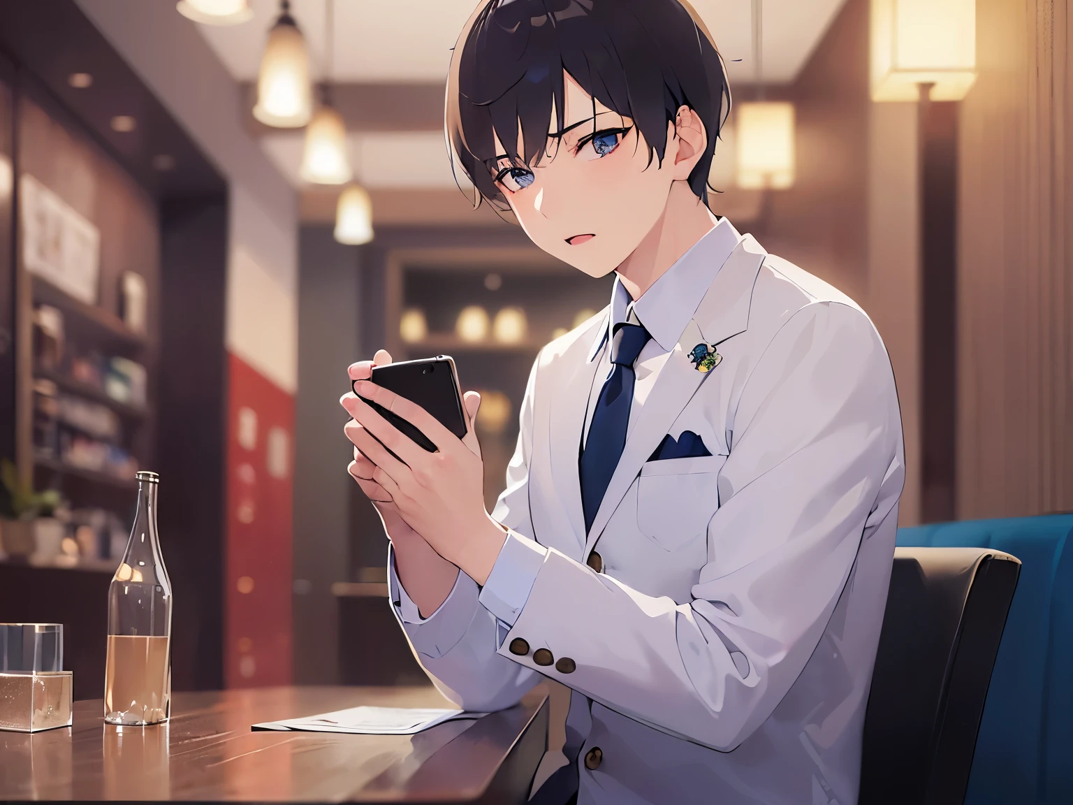 masterpiece、highest quality、(25 year old male:1.5) and (black short hair) and (blue eyes), wearing a suit、wearing a white shirt、Wearing a blue tie、sitting、sad、The background is the interior of a restaurant at night.、(Alone:1.5)、sitting