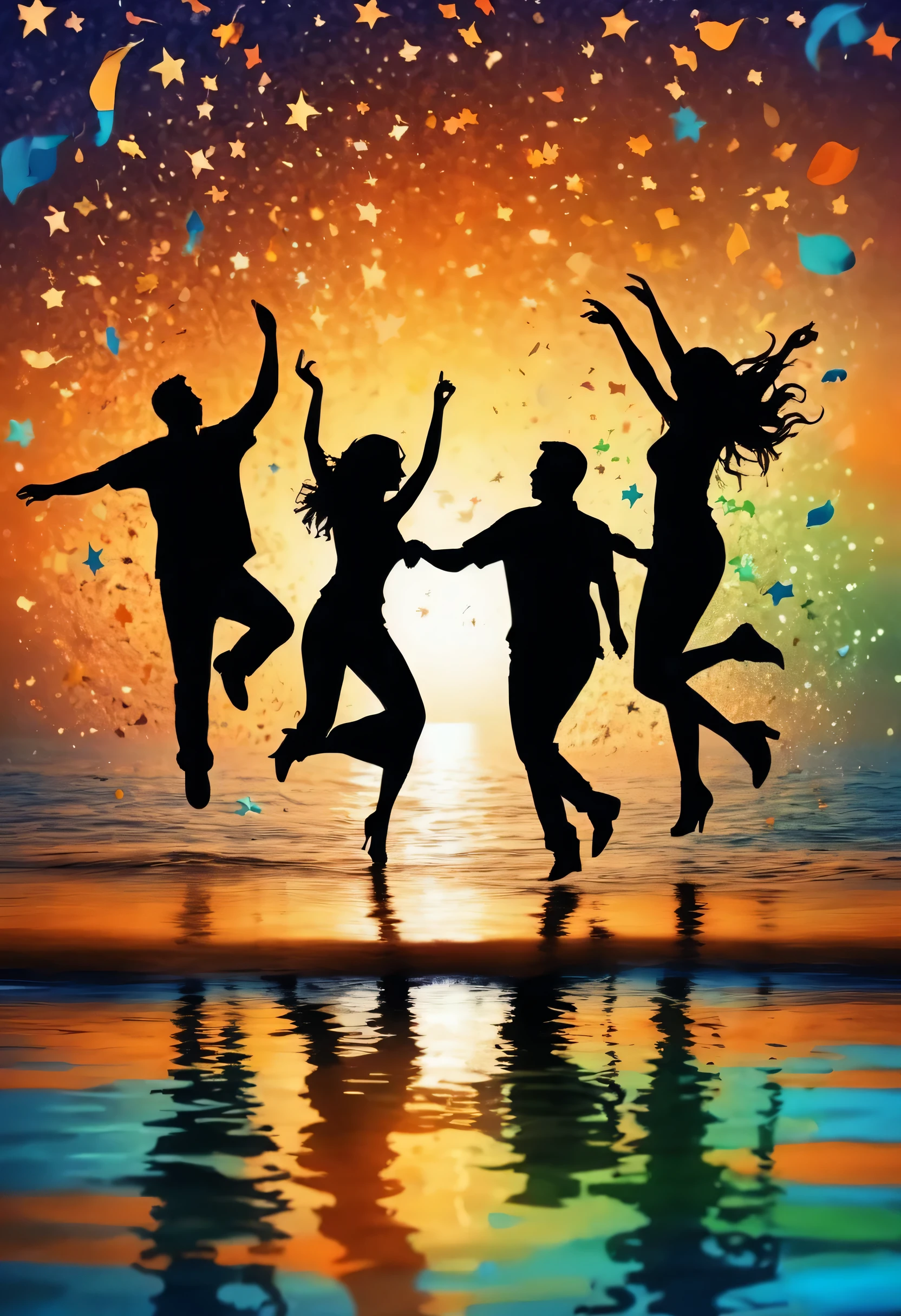 (best quality,highres:1.2),silhouette of  people Dancing on the Sea Surface,colorful background,blue,orange,green,blurred,zentangle style,black,brown, crunch it, make it outstanding, the best emotive silhouette ever, sparkles, sea, musical explosions, flying musical notes, magical, thanks. By Tupu...lol...