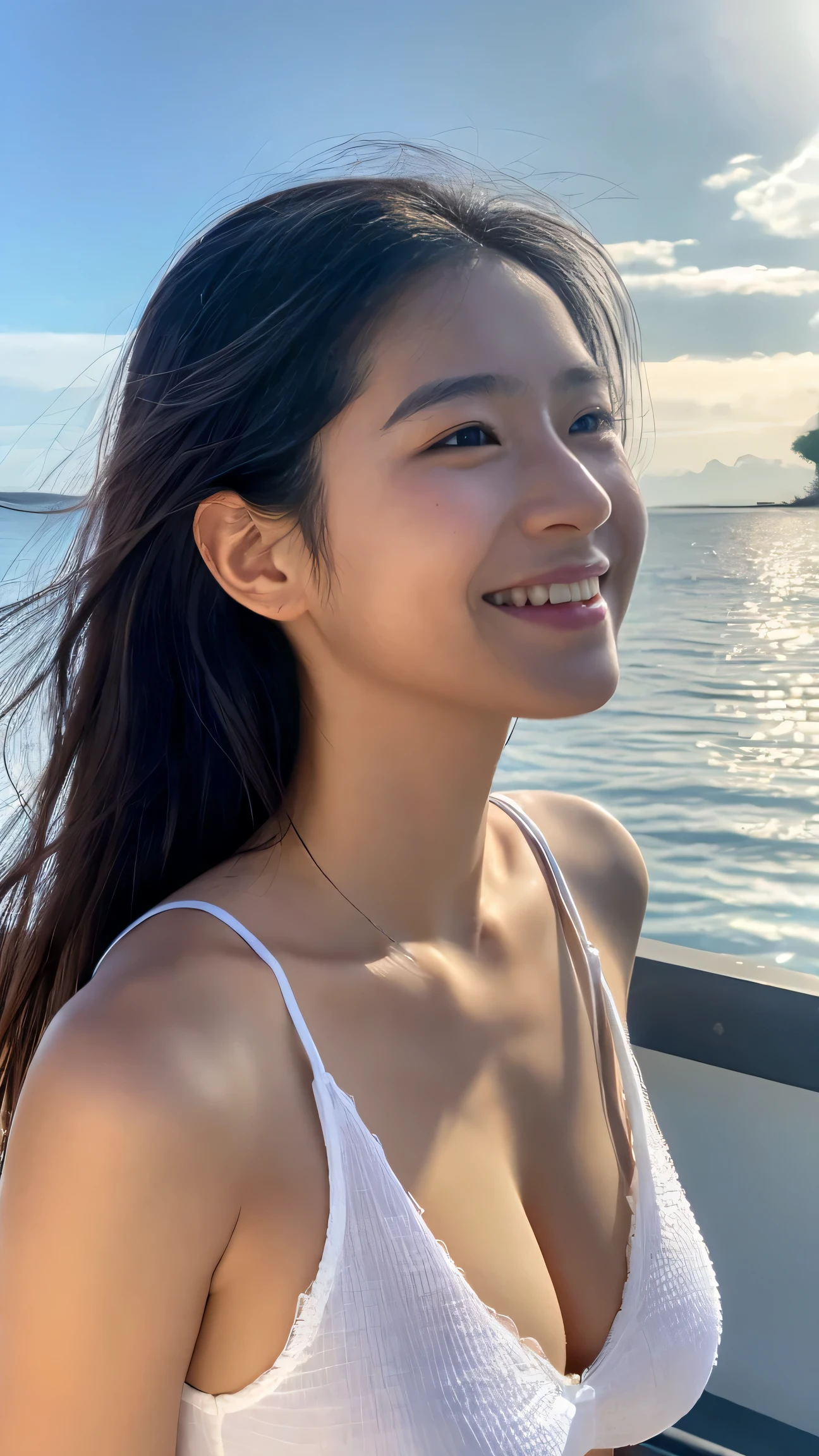 ultra detailed, high-resolution, realistic, RAW photo, ((real person)), detailed skin, (delicate black eyes ), japanese woman、A soothing woman with sagging eyes, Calm and calm, middle hair, skinny, clothing, The wind is blowing, tareme、, photorealistic, masterpiece, best quality, highres, 8k, UHD, textured skin、A naked shirt with a thin fabric and a wide open collar.、Ocean View、Tahiti resorts、walk on the pier on the sea、big breasts、lip gloss、tanned skin、traces of sunburn、cleavage、Laughter、short length shirt、Palm tree、innocent smile、28 years old、Short length、See photographer、upward glance、morning、Shine a light on women、Kishinfu Shinoyama、shining smile