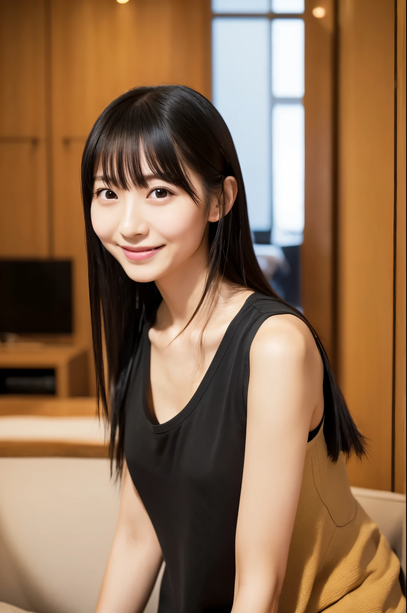 8K, high quality, Realistic photo images, 30 years old, Skinny Japanese lady, Neat and clean girls, small breasts, very thin waist, ((Sexy and cute wife)), Reproduce natural and realistic eyes, Beautiful black hair, light make-up, beautiful lighting, Composition of the golden ratio, casual clothes, Sober clothes, Beige, Natural background, blurred background, Pure Japanese human features, full-body photo, Slight smile