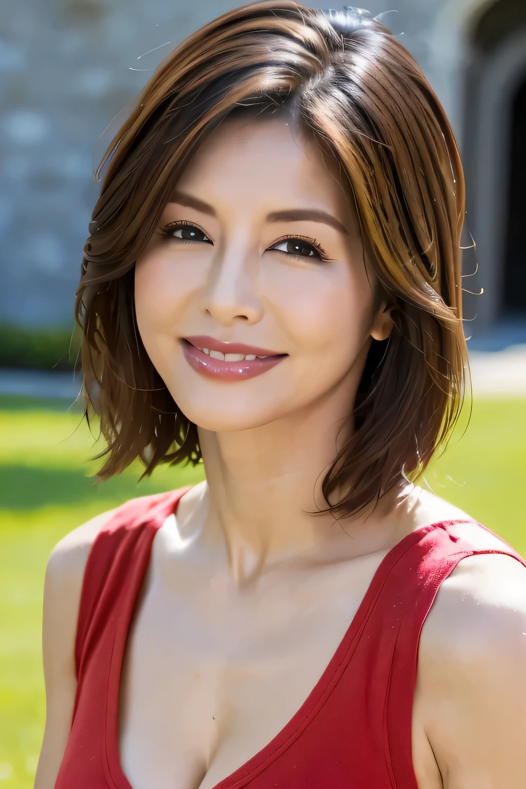 (38 years old), (black sleeveless shirt:1.2),(white wool pants)、 double eyelid, eyelash, Red lip gloss, (smile:1), ((close your eyes:0.85)), (looking at the viewer、Are standing), (From above:0.2)、pointed red mouth、(reddish brown wet shiny short hair),red mouth,clavicle、 (Photoreal:1.3),(Raw photo),(woman standing in front of an old castle, Beautiful lawn, Squirting, Bright sunlight in the city of Modena, Italy) , 8K, Super detailed, highest quality, rough skin, anatomically correct, masterpiece , highest quality, cinematic lighting, Use perspective throughout , surrealism , ,(realistic:1. 3),(Raw photo) , black hair, light smile, short hair, bob cut, anaglyph, stereogram, (mature woman:1), (38 years old), ((close:0.5)), glare, double eyelids, lip gloss, (smile:1), ((close your eyes:0.85)), red mouth, clavicle, ((looking at the viewer)), (short hair of reddish-brown color wet and shiny,), (I can see the whole body) , Slightly thick body type , I opened my eyes wide. , perfectly round eyes , fine texture