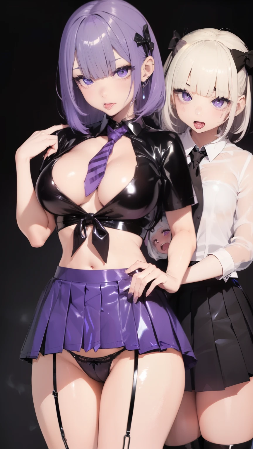 (3 girl:1.8)、standing with legs apart、 1 cute girl, highest quality、ウルトラ - High resolution、High resolution、Detailed CG、8k unit wallpaper、20-year-old、beautiful and detailed eyes,platinum blonde hair、random hairstyle、(((black and purple super shiny latex panties)))、((( black skin , Shirt with tie , cropped shirt , pleated skirt , cleavage ,oil skin)))、(shiny body,:1.5)、 please be shy、(Ahegao:1.5)、(Stick out your tongue and drool)、full of embarrassment、sexy pose、((vapor))