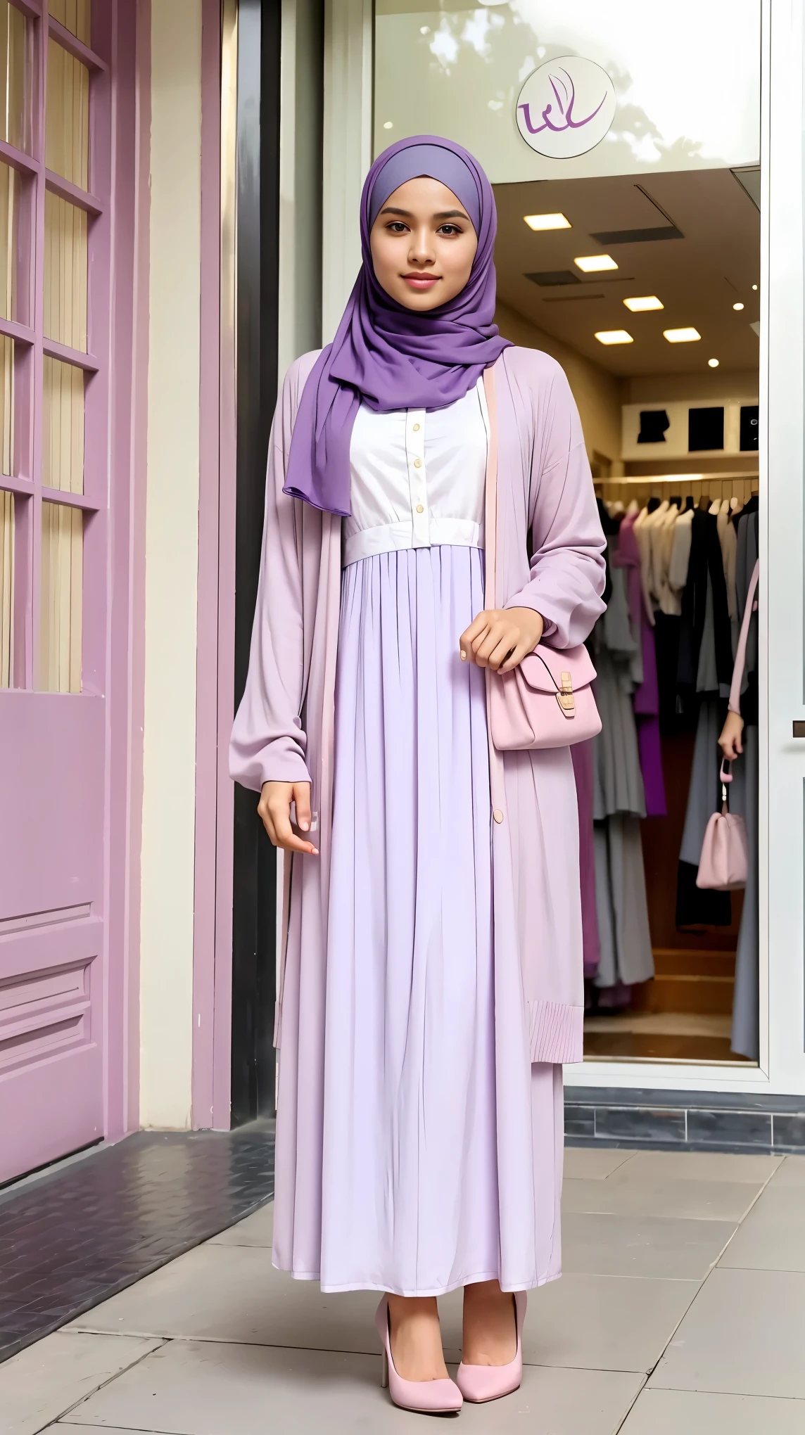 RAW, Best quality, high resolution, (masterpiece: 1.3), full body image, cute Indonesian man in hijab, Masterpiece, average man body, young man face, cute man face, bright skin, fair skin, cute eyes, soft smile, light make up, muslim man in hijab standing in front of a store, feminine gesture, serene expression, body facing viewer, looking to viewer, wearing full soft purple hijab, perfect hijab, wearing White abaya dress, pretty dress, wearing lilac cardigan, perfect cardigan, wearing purple heels, wearing pink purse, beautiful in cute pastel shades, beautiful in pastel shades, purse on left shoulder, at noon, Great lighting, great sunlight, Bright colors, Ultra realistic clean lines, very realistic