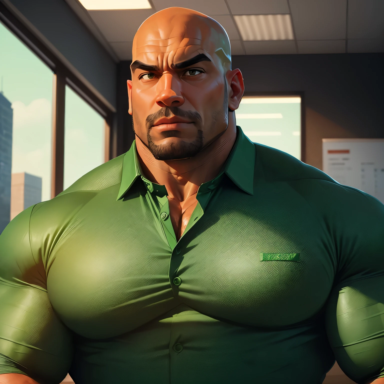 an exaggeratedly muscular and large bald bodyguard, beefy build, mixed race, (wearing green business casual collared shirt: 1.2), name tag, (bara pecs: 1.3), (arm and chest hair: 1.1), close-up portrait HD, bright corporate office with large windows