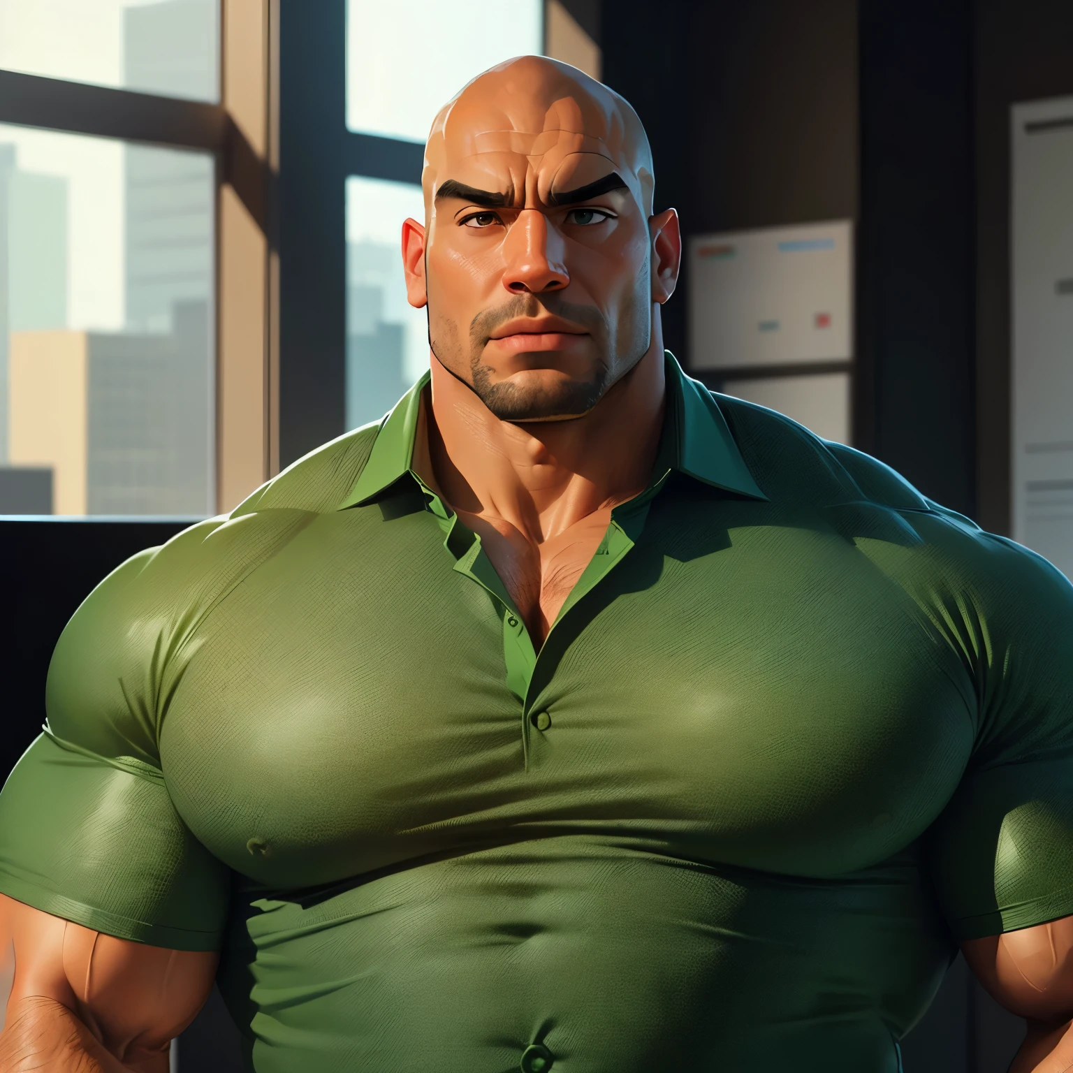 an exaggeratedly muscular and large bald bodyguard, beefy build, mixed race, (wearing green business casual collared shirt: 1.2), name tag, (bara pecs: 1.3), (arm and chest hair: 1.1), close-up portrait HD, bright corporate office with large windows, big ass, viewed from behind