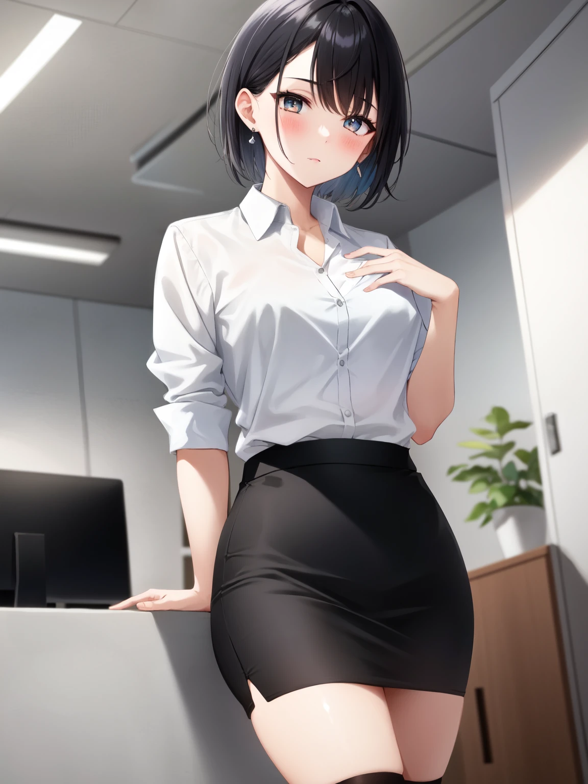 lineart, 1boy, genderbend, solo, black hair, short hair, office lady, white shirt, black miniskirt, legwear, earrings, blush