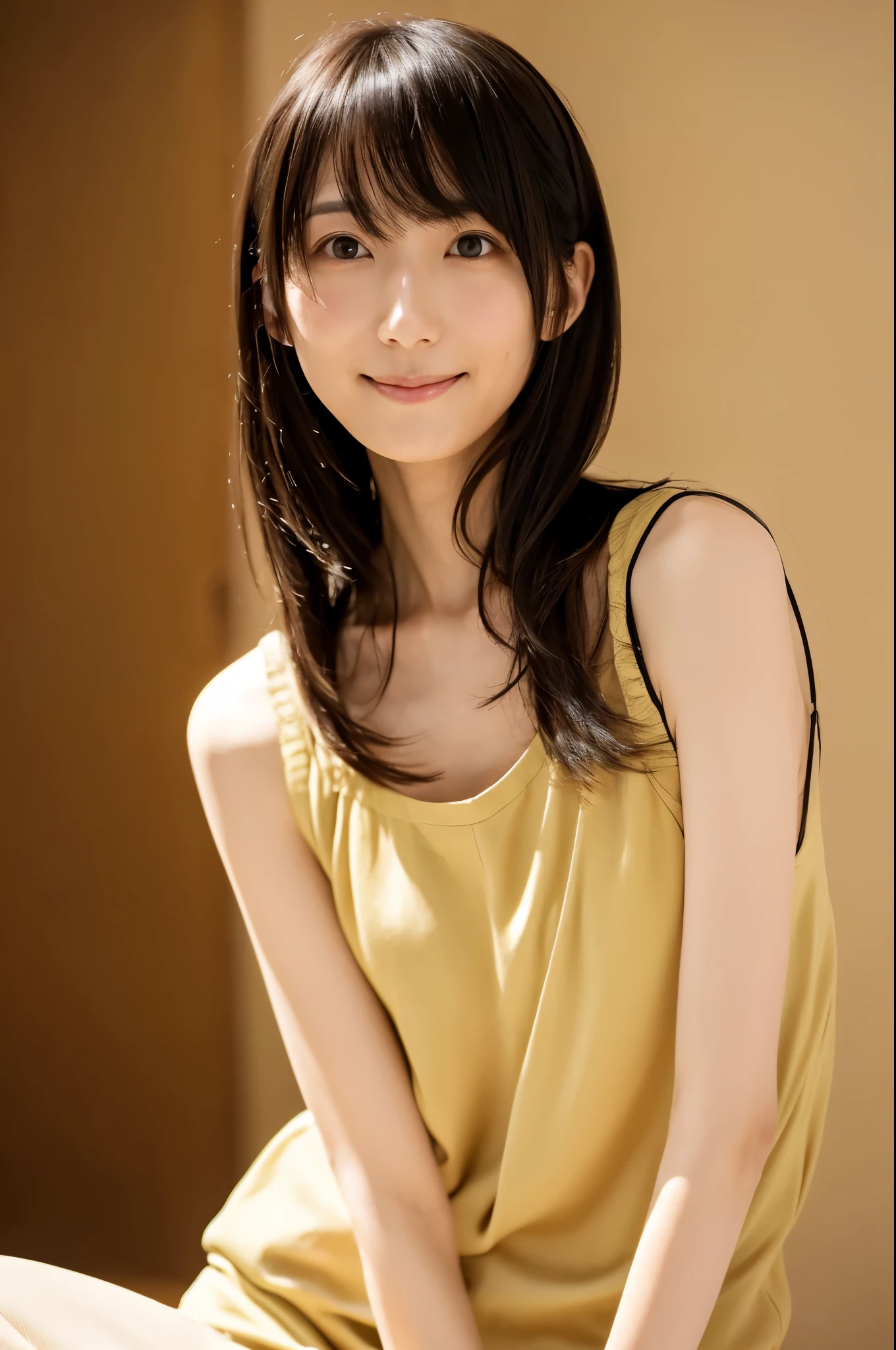 8K, high quality, Realistic photo images, 30 years old, Skinny Japanese lady, Neat and clean girls, small breasts, very thin waist, ((Sexy and cute wife)), Reproduce natural and realistic eyes, Beautiful black hair, light make-up, beautiful lighting, Composition of the golden ratio, casual clothes, Sober clothes, Beige, Natural background, blurred background, Pure Japanese human features, full-body photo, Slight smile