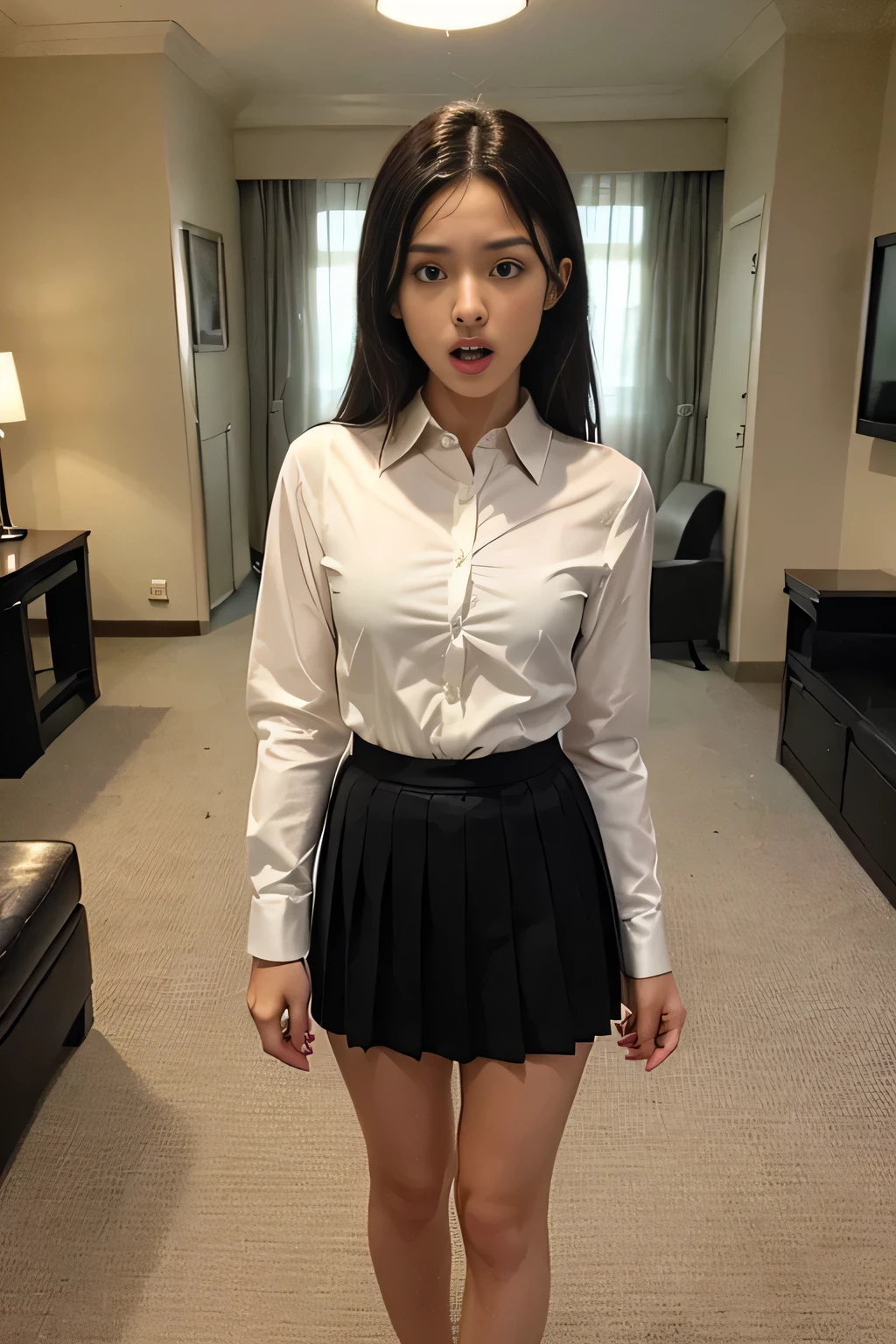 ((masterpiece:1.4))、((muste piece:1.4))、woman with long light brown hair、((living room:1.4))、((Wearing a short black pleated skirt:1.4))、((standing in a hotel bedroom:1.4))、very sexy costume, wearing a strict suit、Stylish and gorgeous cosplay, sexy costume, wearing a fashion suit, Wearing a black suit, dressed properly、((wearing a tight black suit:1.4)), sexy look, ((white collared cutter shirt:1.4))、wearing a black suit、wearing a black suit、((look of fear:1.4))、