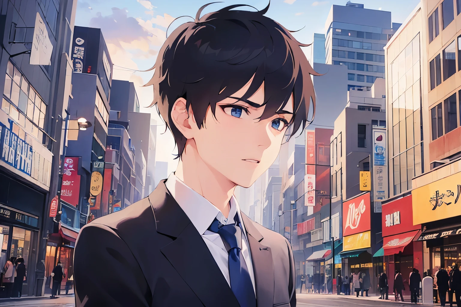 (looking away:1.5), side angle, masterpiece、highest quality、(25 year old male:1.5) and (black short hair) and (blue eyes), wearing a suit、wearing a white shirt、Wearing a blue tie、serious expression、open mouth, The background is a shopping street、(Alone:1.5)、Are standing