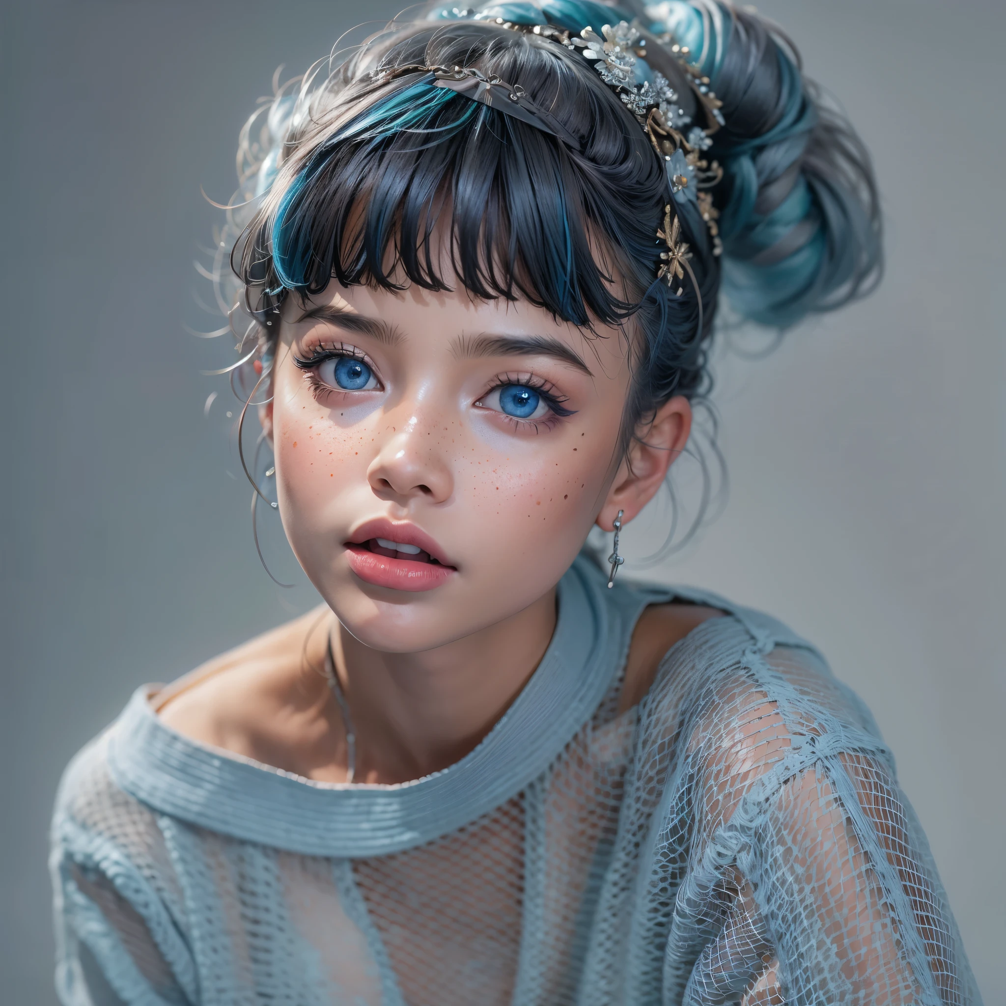 very beautiful, well-groomed girl, With clean skin, normal functions, Beautiful lips, and a slight smile on her face. beautiful figure, modern clothes, cool modern couture dress. presentation background, neutral gray-blue, in virtual space. top quality, 16 thousand.. Full HD, Cinematic rendering. Create a work of art, conveying the unique beauty of  Michela.., Famous digital influencer. Focus on her unique facial expression, when she looks directly at the camera., trying to capture the intensity of her piercing blue eyes. Channel her signature style with a Spanish-style hairstyle., styled with two carefully crafted hairpieces.. Add details, reflecting her charming and avant-garde personality.. We took care of that, to convey an aura of modernity and originality, which characterizes Lil Miquela in the digital world. ., Some freckles and nevi, and short hair, wrapped