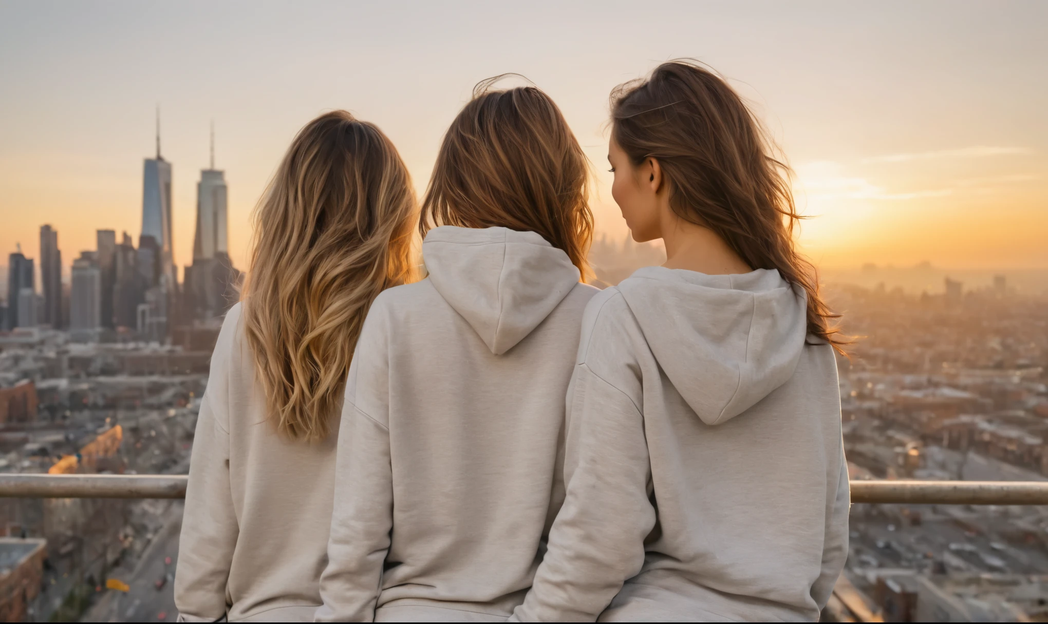 (4K, best quality, masterpiece), (realistic, realistic) close-up [photo|digital art], two beautiful woman from the back, casual shirt, long hoodies, leggings standing in front of a city skyline, sunrise, messy medium hair, slim body, looking at the camera, short smile, consistent facial and body proportions, artistic expression, aesthetic design, intricate composition, refined body details, color gradient, clear shades, intense shadows, sharp focus, extensive details, high resolution, subtle lighting and highlights, fine textures, two people from back, arms over shoulder, friendship.