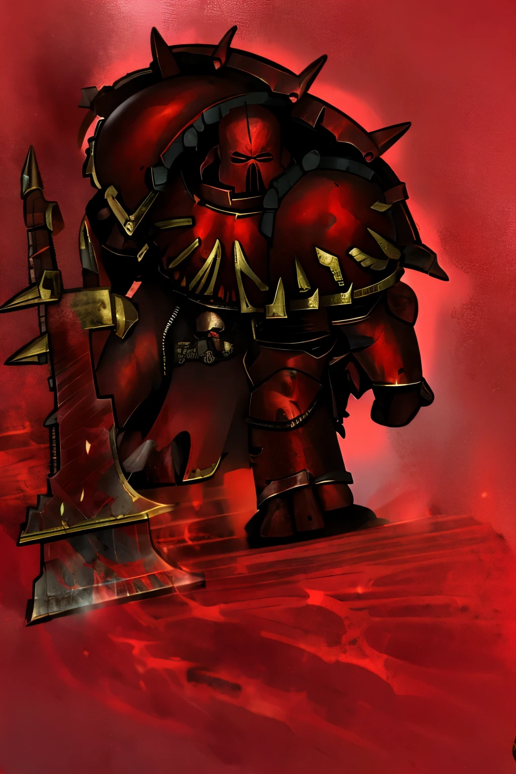 1 male, khorne berzerker, Khorne_World, space marine, red colored skin, Game character standing drawing design, fangs, drool, stout limbs, demon wings, skulls, chains, spiked armor,  brass trimming, skull pauldron, torn clothes, brass armor, chain axe,  2 axe, chaos, warhammer fantasy art