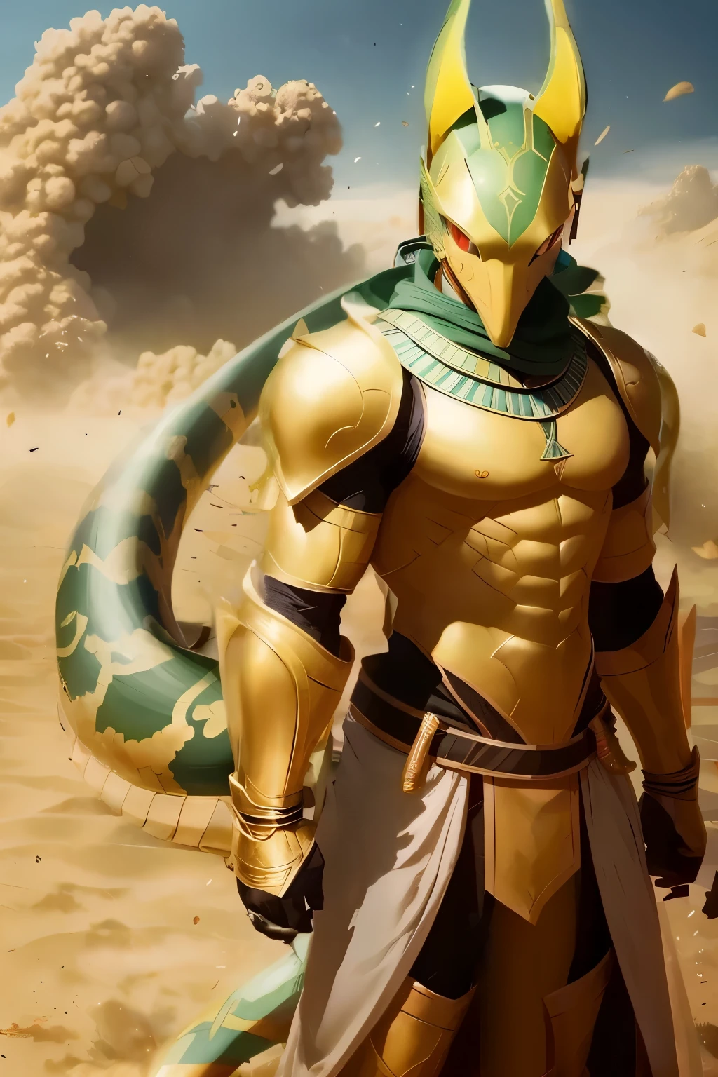 Hunk, alligator, Egyptian god, sobek, white cloth around hips, subtle bulge,toothy grin, arms reaching forward , cowboy angle, pinning the viewer to a wall