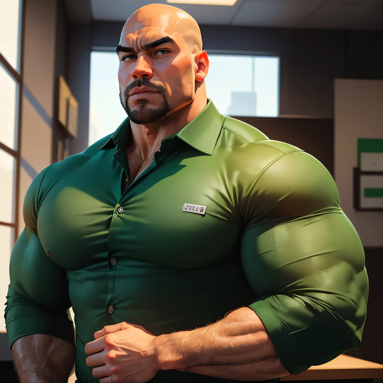 an exaggeratedly muscular and large bald bodyguard, beefy build, mixed race, (wearing green business casual collared shirt: 1.2), name tag, (bara pecs: 1.3), (arm and chest hair: 1.1), close-up portrait HD, bright corporate office with large windows, brown pants, big ass in pants, (seen from behind: 1.2)