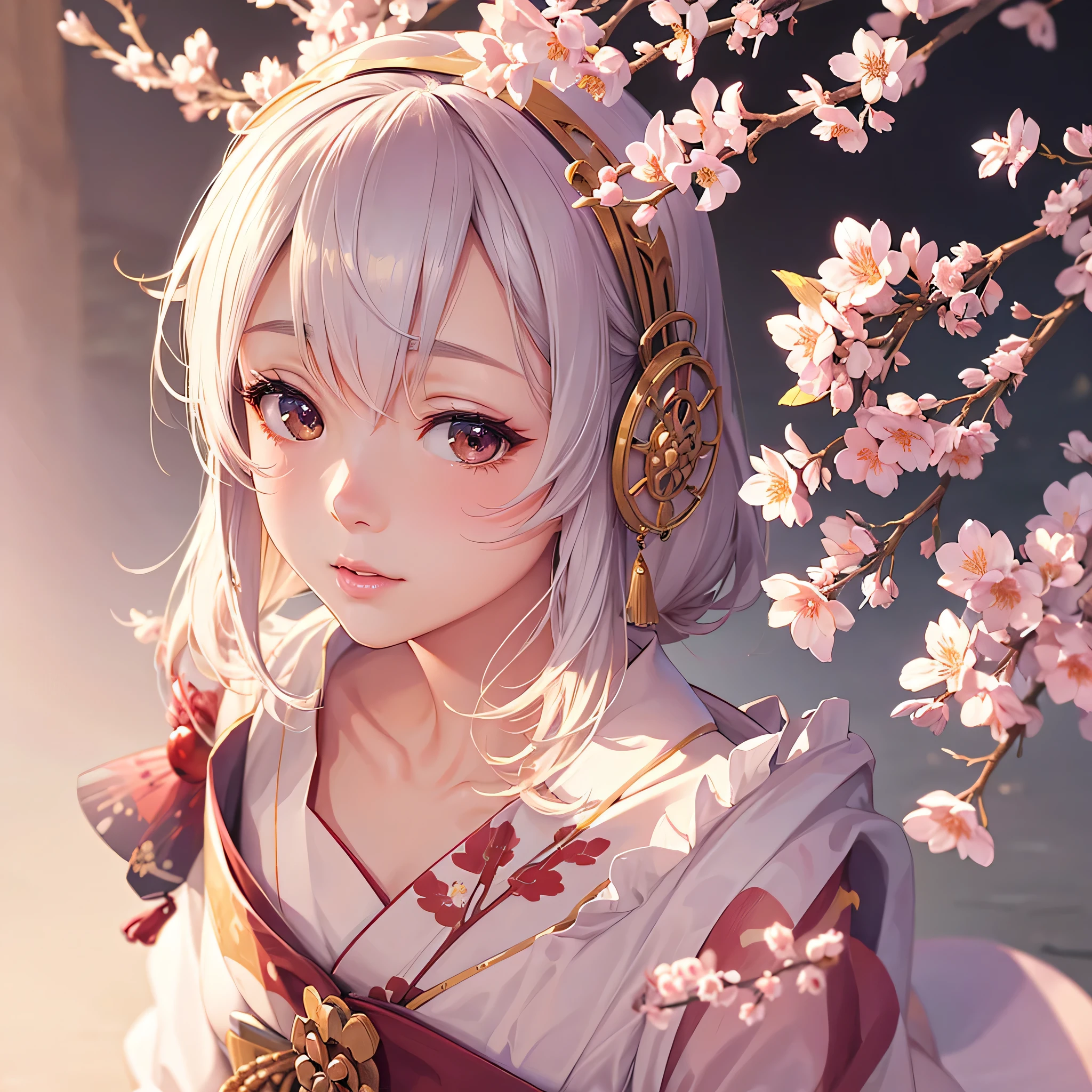 best quality,ultra-detailed,realistic,portrait,Japan,traditional arts,geisha,traditional costume,sakura,cherry blossoms,mount fuji,painterly,subtle color palette,soft lighting,simple background,harmony,serene ambiance,attention to detail,expressive eyes,delicate brushstrokes,dainty floral patterns,authentic cultural representation,graceful posture,delicate fan,flawless complexion