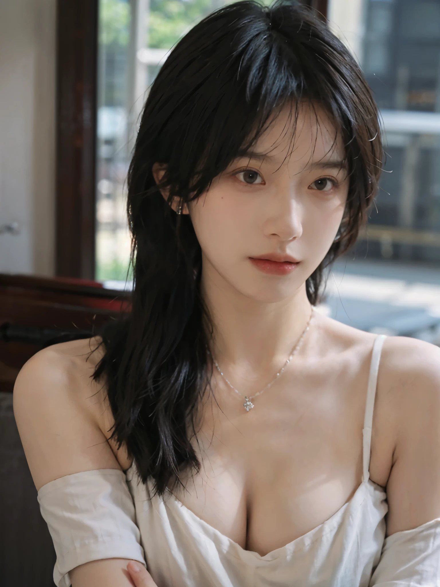 Film portrait photography, 1 girl, bare shoulders,lipstick,(flat chest:1.4), Shoulder length wavy hair, wear necklace,earrings,short sleeves,serene, calm, (Realistic and detailed eyes, natural skin texture, Realistic facial details), Soft dramatic lighting, depth of field, Bokeh, big breasts,Areola,split,cleavage,Vibrant details, Detailed and detailed, surreal, 35mm film, hazy, ,