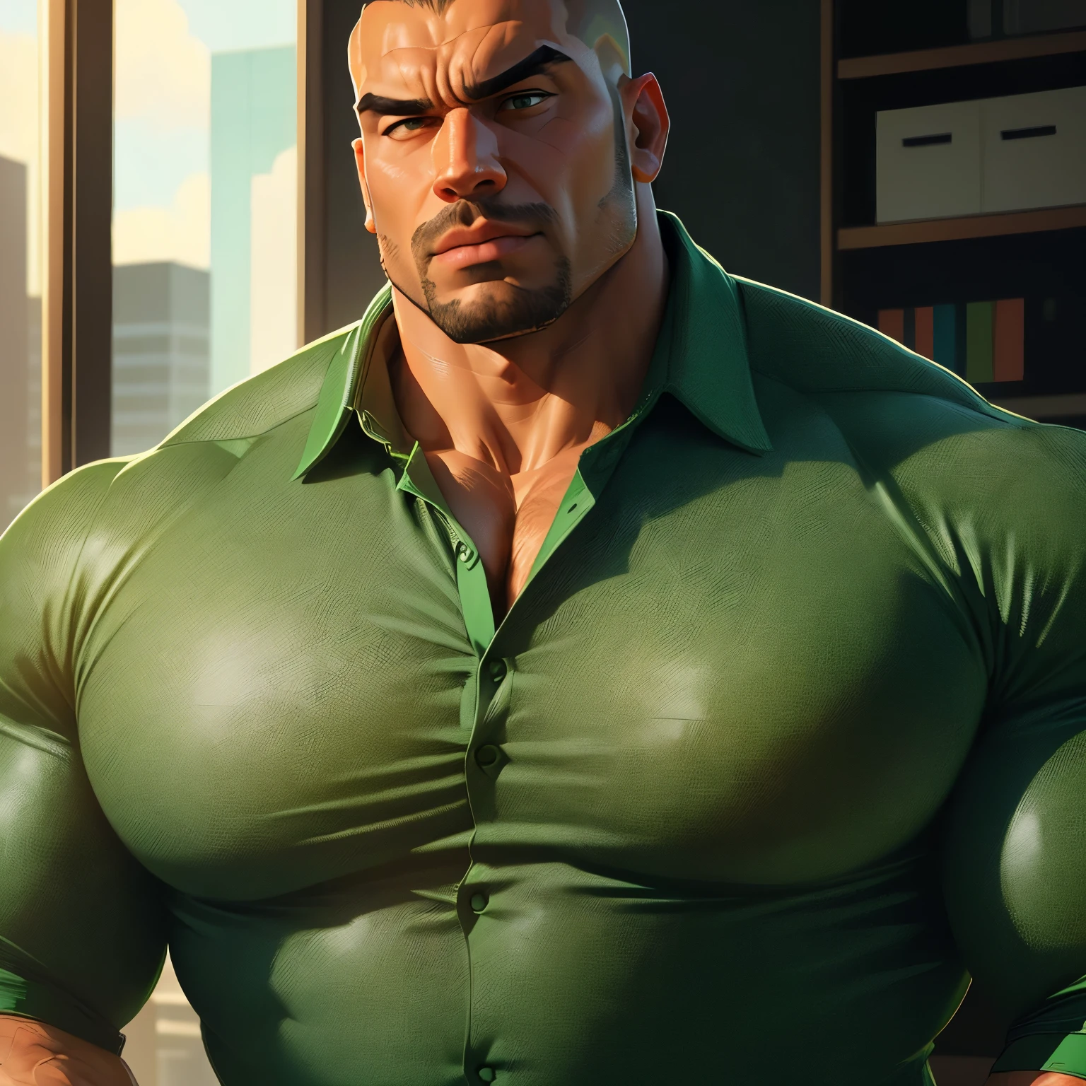 an exaggeratedly muscular and large bald bodyguard, beefy build, mixed race, (wearing green business casual collared shirt: 1.2), name tag, (bara pecs: 1.3), (arm and chest hair: 1.1), close-up portrait HD, bright corporate office with large windows