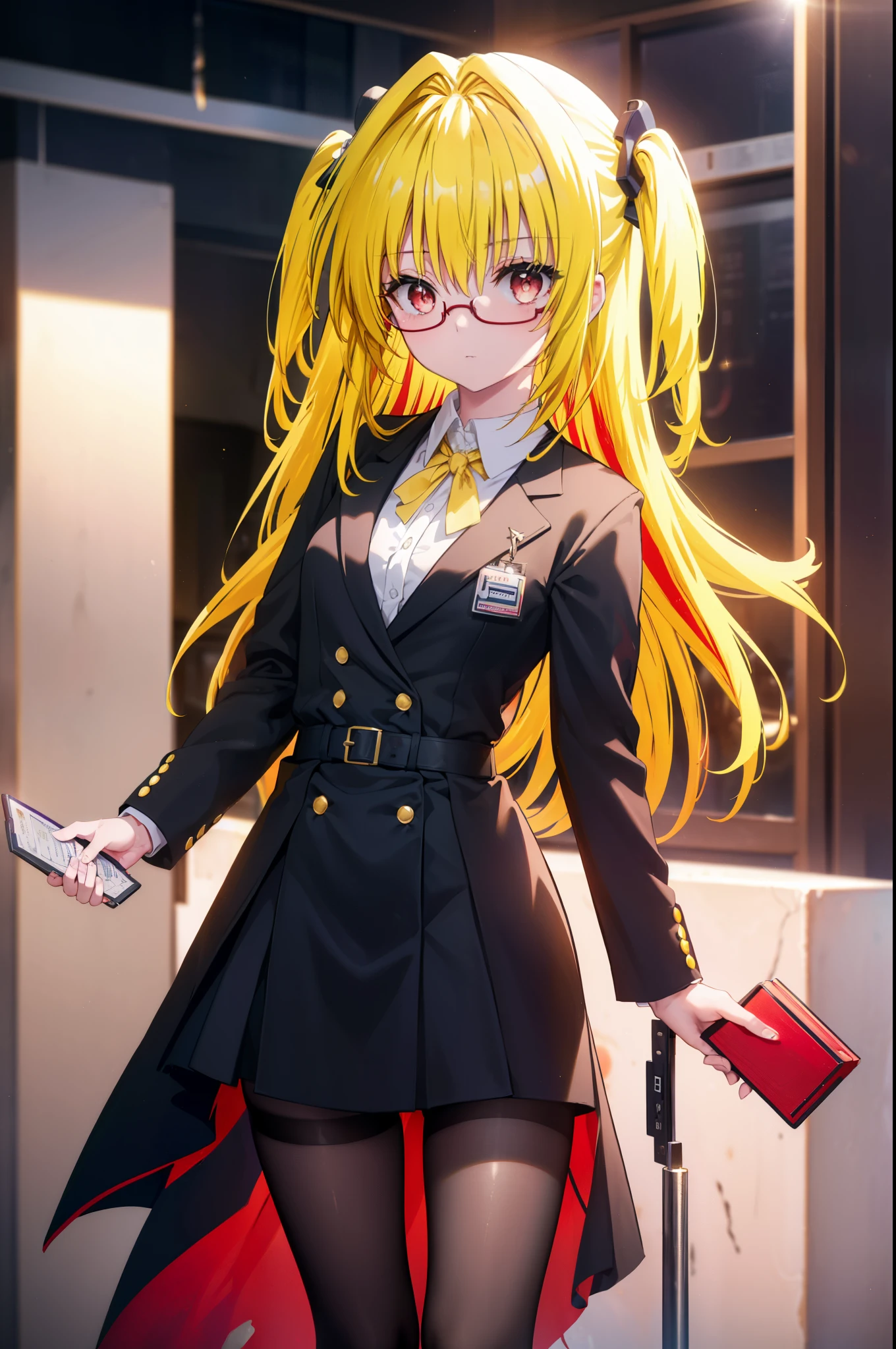 toloverumy, my, (yellow hair:1.5), long hair, (red eyes:1.5), (hair ornaments:1.2), two side up, (small box:1.2), OL, red glasses, end, black suit jacket, collared jacket, white dress shirt, collared shirt, neckline, button, strap, ID card on neck,black pantyhose,stiletto heels,cleavage cutout,
break indoors, School corridor,
break looking at viewer, (cowboy shot:1.5),
break (masterpiece:1.2), highest quality, High resolution, unity 8k wallpaper, (figure:0.8), (detailed and beautiful eyes:1.6), highly detailed face, perfect lighting, Very detailed CG, (perfect hands, perfect anatomy),