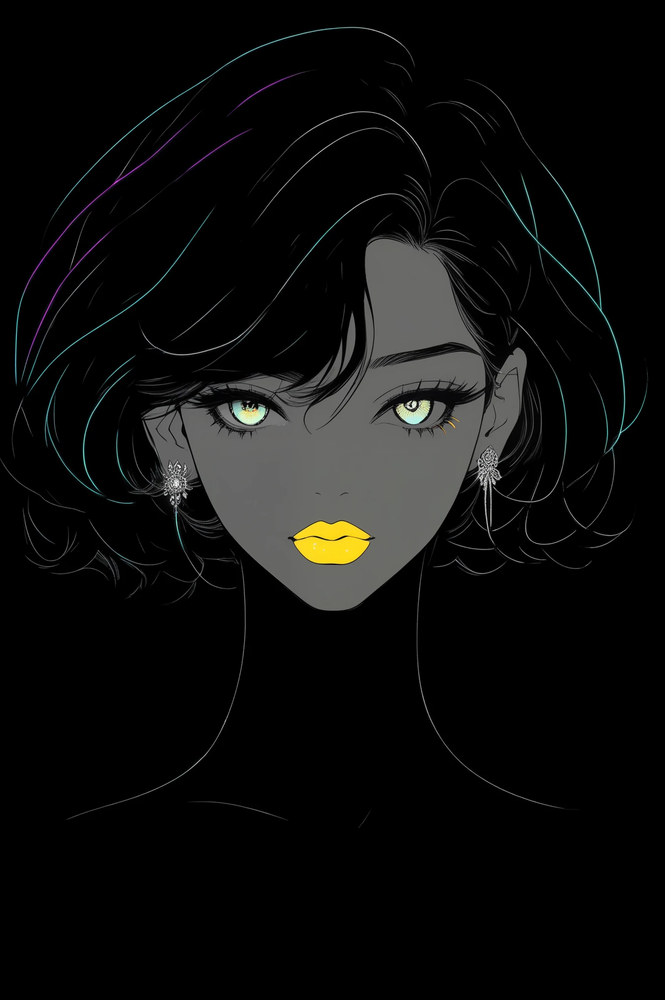 (Melhor qualidade, outline:1.2),realista,ilustrador,anime,1 garota, Detailed lips, vestido preto8,personalizado, (monochrome dark background),Cabelo neon,corte texturizado, obra de arte, classic retro style, Preto Escuro, arte, outline book, (cabelo bob preto:1.75 neon:1.32), Bad women , sombras escuras 