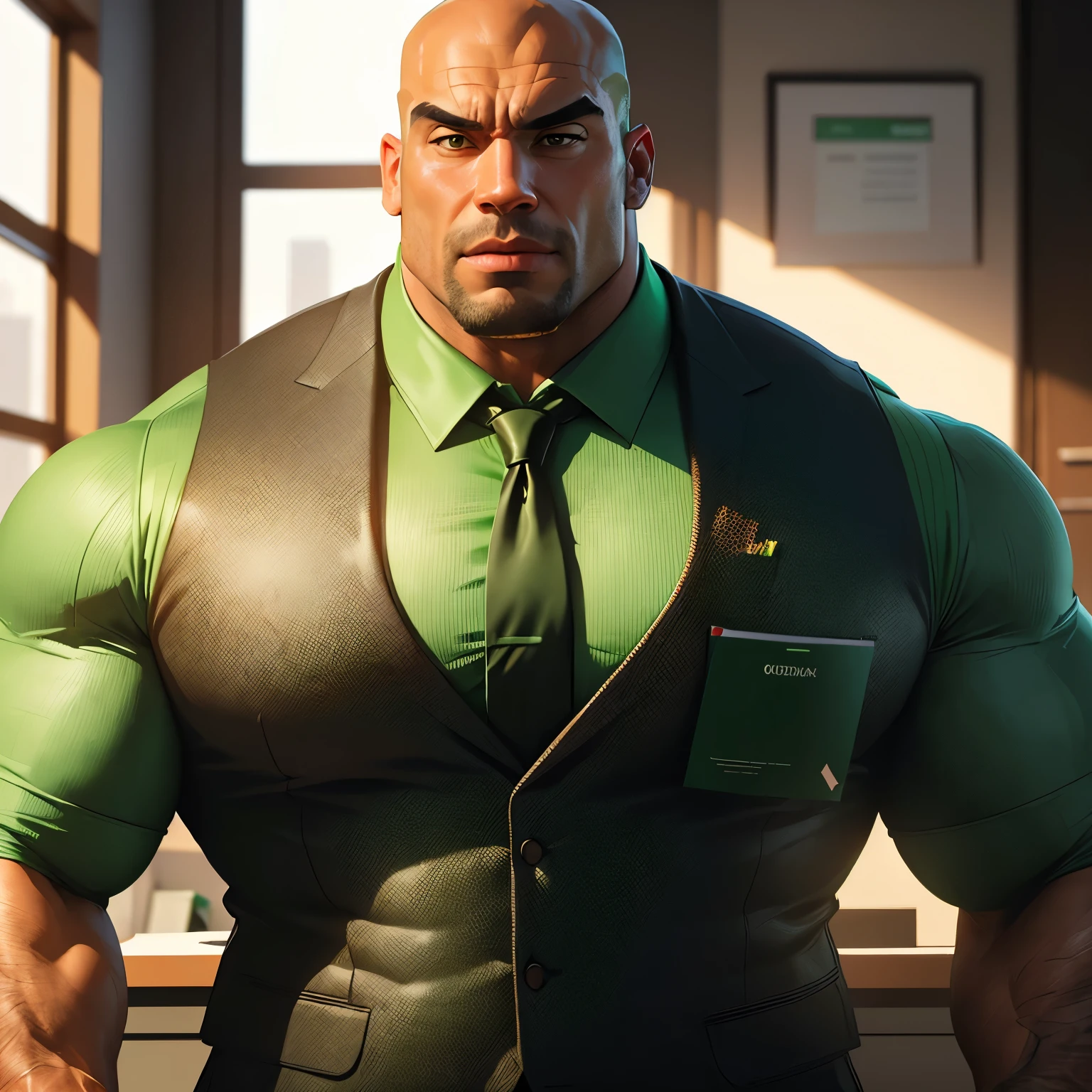 an exaggeratedly muscular and large bald bodyguard, beefy build, mixed race, (wearing green business casual vest: 1.2), name tag, (bara pecs: 1.3), (arm and chest hair: 1.1), close-up portrait HD, bright corporate office with large windows