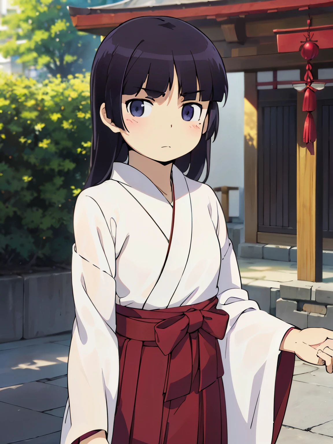 ((masterpiece)), (highest quality), official art, unity 8k wallpaper, Super detailed, 1 girl, alone, hime cat, (Miko), ((white kimono)), ((red hakama skirt)), shrine, field, looking at the viewer, Upper body, (ruri gokou)
