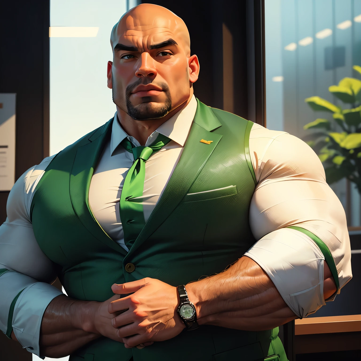 an exaggeratedly muscular and large bald bodyguard, beefy build, mixed race, (wearing green business casual vest: 1.2), name tag, (bara pecs: 1.3), (arm and chest hair: 1.1), close-up portrait HD, bright corporate office with large windows