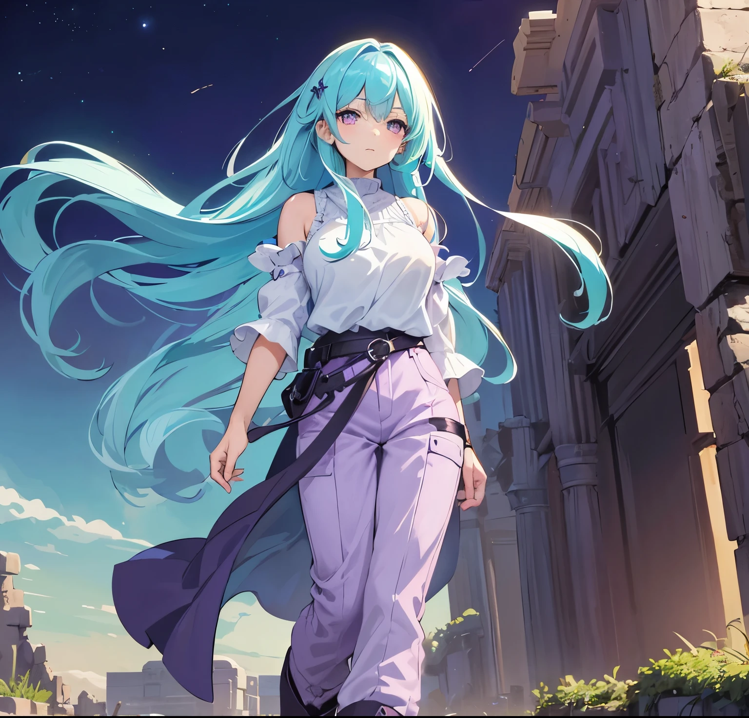 Masterpiece. High-resolution. 1girl about 20 years old. Pretty beautiful girl. Standing pose. Imposing. Pretty big purple eyes. Delicate face. Long light blue hair. Straight hair. Messy hair. Hair bangs. Hair blowing in the wind. Turquoise tunic. Purple tide pants. Leather boots. Greek ruins background with cosmic skies.