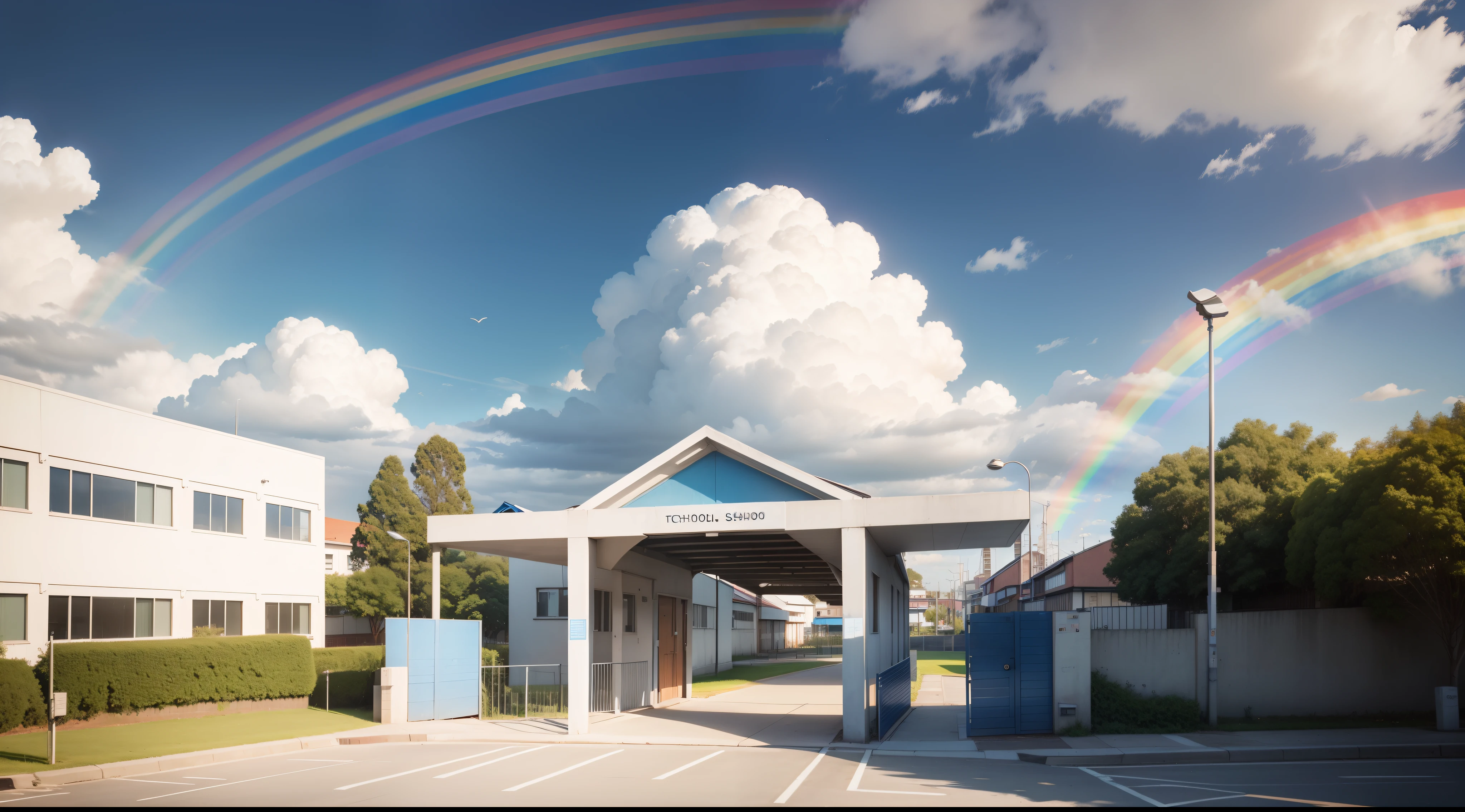 avec ciel bleu et nuages blancs,terrain d'school,Arcs-en-ciel dans le ciel,A la porte de l'school,Bâtiments d'enseignement