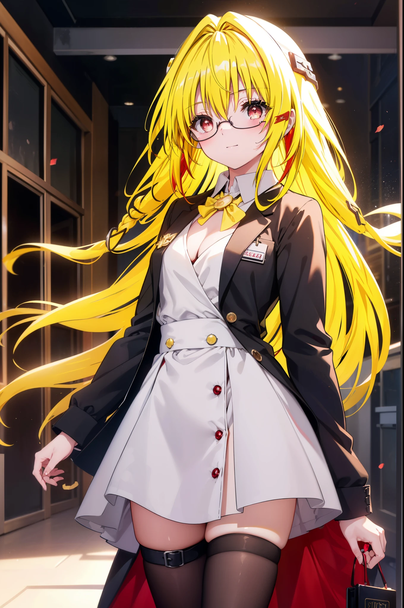 toloverumy, my, (yellow hair:1.5), long hair, (red eyes:1.5), (hair ornaments:1.2), (small box:1.2), smile,blush,OL, red glasses, end, black suit jacket, collared jacket, white dress shirt, collared shirt, neckline, button, strap, ID card on neck,black pantyhose,stiletto heels,cleavage cutout,So that the whole body goes into the illustration,
break indoors, School　corridor,
break looking at viewer, (cowboy shot:1.5),
break (masterpiece:1.2), highest quality, High resolution, unity 8k wallpaper, (figure:0.8), (detailed and beautiful eyes:1.6), highly detailed face, perfect lighting, Very detailed CG, (perfect hands, perfect anatomy),