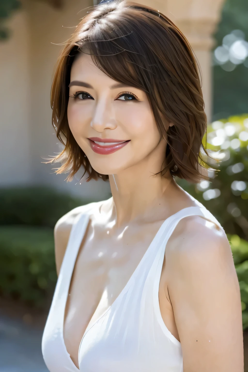 (38 years old), (black sleeveless shirt:1.2),(white wool pants)、 double eyelid, eyelash, Red lip gloss, (smile:1), ((close your eyes:0.85)), (looking at the viewer、Are standing), (From above:0.2)、pointed red mouth、(reddish brown wet shiny short hair),red mouth,clavicle、 (Photoreal:1.3),(Raw photo),(woman standing in front of an old castle, Beautiful lawn, Squirting, Bright sunlight in the city of Modena, Italy) , 8K, Super detailed, highest quality, rough skin, anatomically correct, masterpiece , highest quality, cinematic lighting, Use perspective throughout , surrealism , ,(realistic:1. 3),(Raw photo) , black hair, light smile, short hair, bob cut, anaglyph, stereogram, (mature woman:1), (38 years old), ((close:0.5)), glare, double eyelids, lip gloss, (smile:1), ((close your eyes:0.85)), red mouth, clavicle, ((looking at the viewer)), (short hair of reddish-brown color wet and shiny,), (I can see the whole body) , Slightly thick body type , I opened my eyes wide. , perfectly round eyes , fine texture,big breasts,exposing nipples,