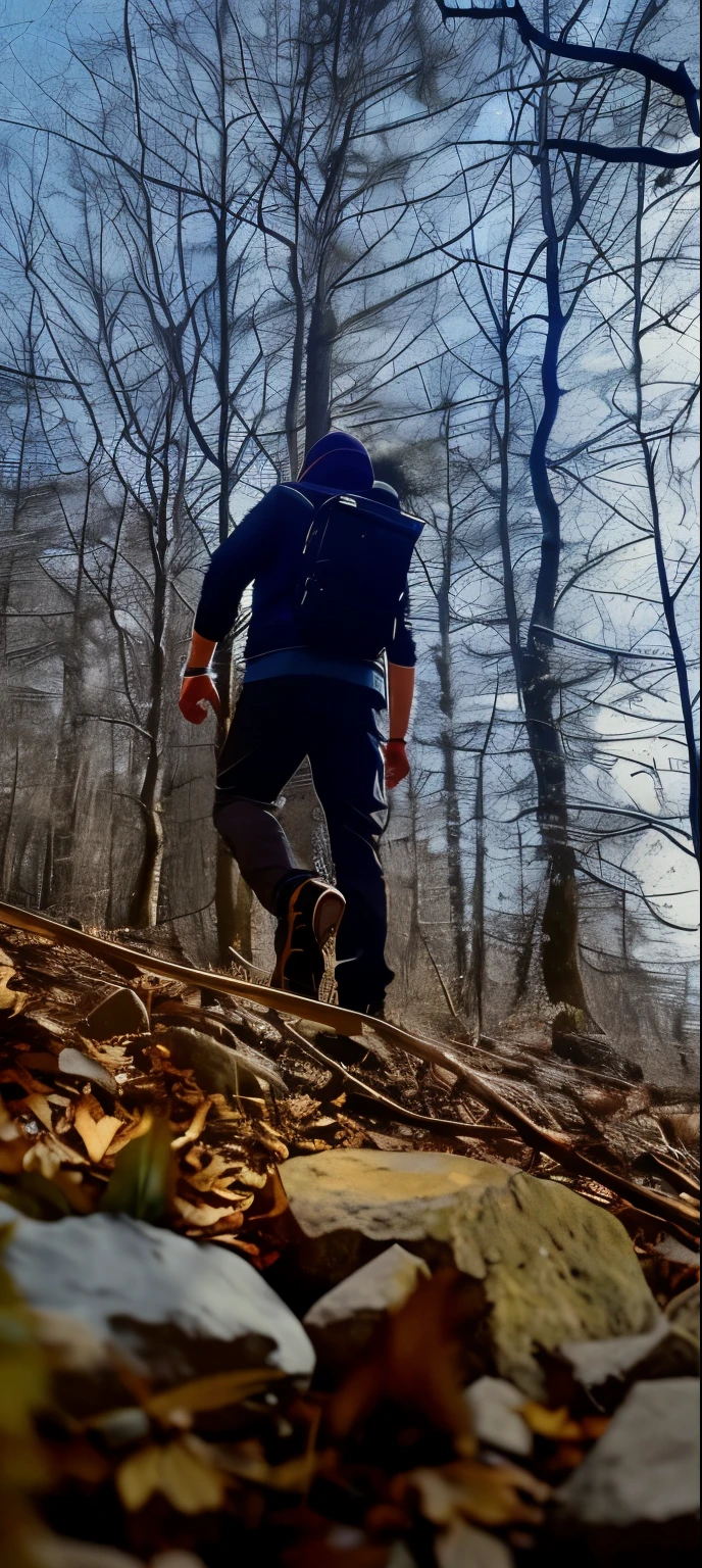 Da ist ein Mann, who runs through the forest with a skateboard, Aufrecht im Wald gehen, Wandern in einem Wald, leichter Weg, Im Wald spazieren, Wearing survival gear, Zeit, den Bergpfad zu erklimmen, in einem Wald spazieren gehen, im Wald spazieren gehen, auf einem Wald stehend, Solo-Wandern in den Bergen, Rear up, auf Waldweg, im Wald stehen