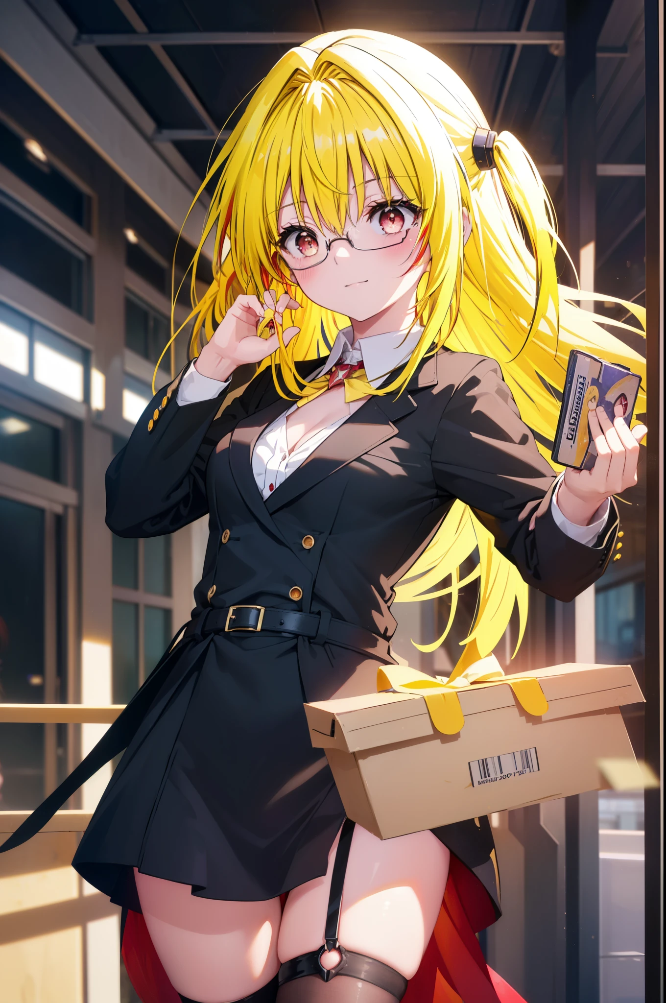 toloverumy, my, (yellow hair:1.5), long hair, (red eyes:1.5), (hair ornaments:1.2), (small box:1.2), smile,blush,OL, red glasses, end, black suit jacket, collared jacket, white dress shirt, collared shirt, neckline, button, strap, ID card on neck,black pantyhose,stiletto heels,cleavage cutout,So that the whole body goes into the illustration,
break indoors, School corridor,
break looking at viewer, (cowboy shot:1.5),
break (masterpiece:1.2), highest quality, High resolution, unity 8k wallpaper, (figure:0.8), (detailed and beautiful eyes:1.6), highly detailed face, perfect lighting, Very detailed CG, (perfect hands, perfect anatomy),