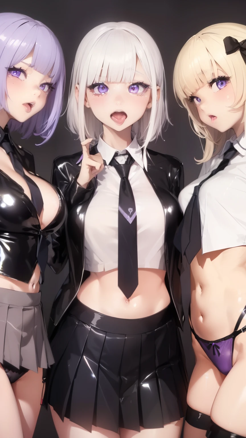 (3 girl:1.8)、standing with legs apart、 1 cute girl, highest quality、ウルトラ - High resolution、High resolution、Detailed CG、8k unit wallpaper、20-year-old、beautiful and detailed eyes,platinum blonde hair、random hairstyle、(((black and purple super shiny latex panties)))、((( black skin , Shirt with tie , cropped shirt , pleated skirt , cleavage ,oil skin)))、(shiny body,:1.5)、 please be shy、(Ahegao:1.5)、(Stick out your tongue and drool)、full of embarrassment、sexy pose、((vapor))