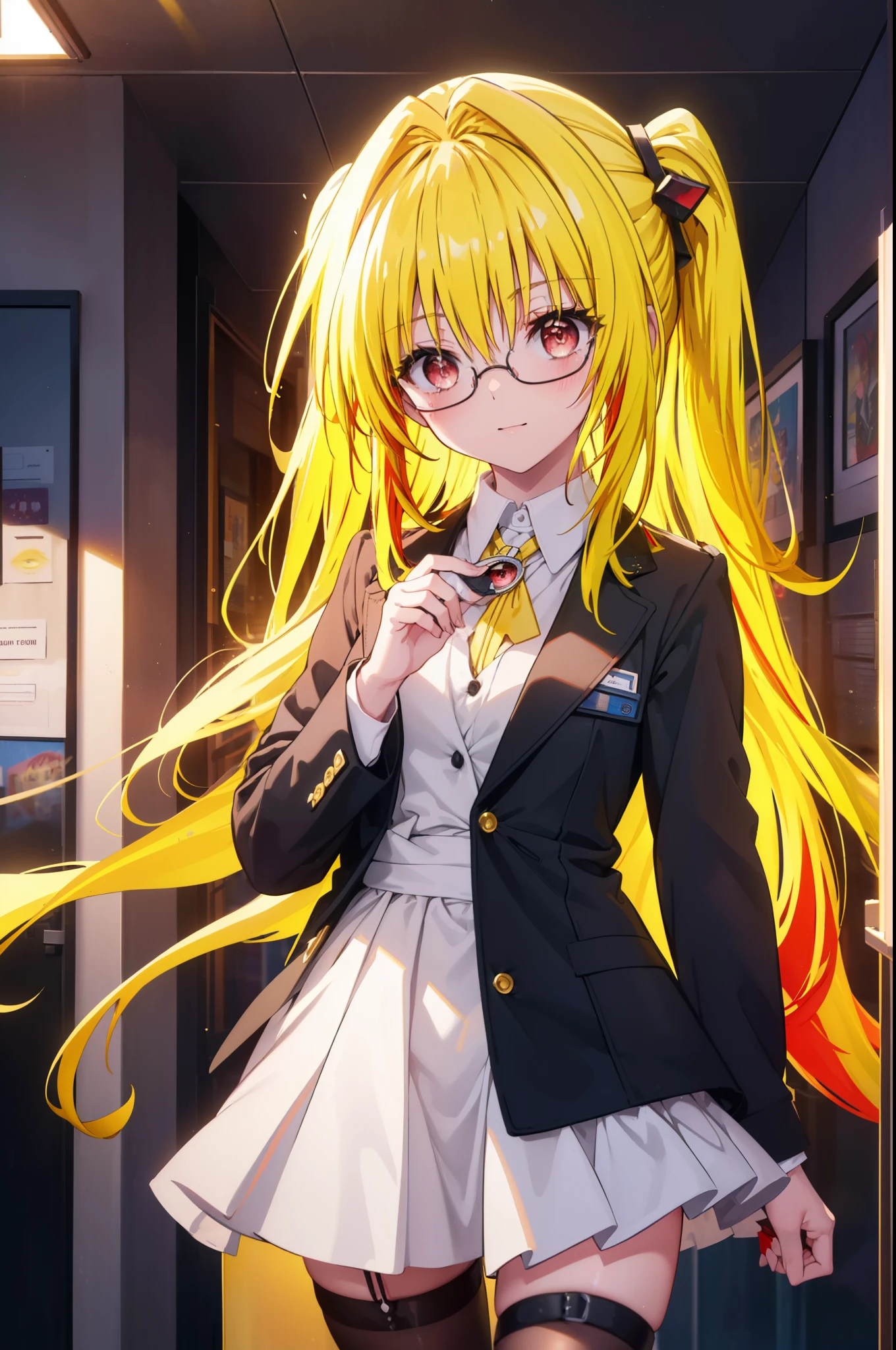 toloverumy, my, (yellow hair:1.5), long hair, (red eyes:1.5), (hair ornaments:1.2), (small box:1.2), smile,blush,OL, red glasses, end, black suit jacket, collared jacket, white dress shirt, collared shirt, neckline, button, strap, ID card on neck,black pantyhose,stiletto heels,cleavage cutout,So that the whole body goes into the illustration,
break indoors, School　corridor,
break looking at viewer, (cowboy shot:1.5),
break (masterpiece:1.2), highest quality, High resolution, unity 8k wallpaper, (figure:0.8), (detailed and beautiful eyes:1.6), highly detailed face, perfect lighting, Very detailed CG, (perfect hands, perfect anatomy),