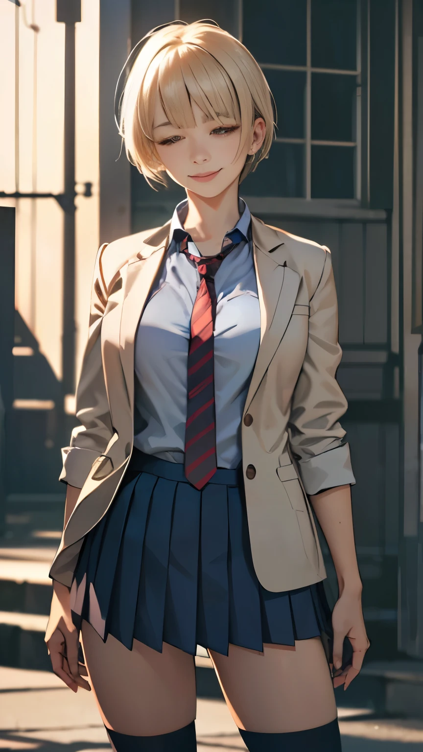 (masterpiece:1.2, highest quality), (realistic, photorealistic:1.4), beautiful illustrations, (natural side lighting, movie lighting), NSFW, 
looking at the viewer, cowboy shot, Front view:0.6, 1 girl, Japanese, high school girl, perfect face, Cute symmetrical face, shiny skin, 
(short hair:1.5, pixie cut:1.4, blonde), bangs tied back, red eyes, long eyelash, (big breasts:0.6, thick thighs), 
beautiful hair, beautiful face, detailed and beautiful eyes, beautiful clavicle, beautiful body, beautiful breasts, beautiful thighs, beautiful feet, beautiful fingers, 
(((big breasts、navy school blazer), white collared shirt, gray pleated mini skirt, navy socks, brown loafers, red tie))), 
(beautiful scenery), evening, riverside, Are standing, wave hands, (half closed eyes, cute smile, upper eye), 