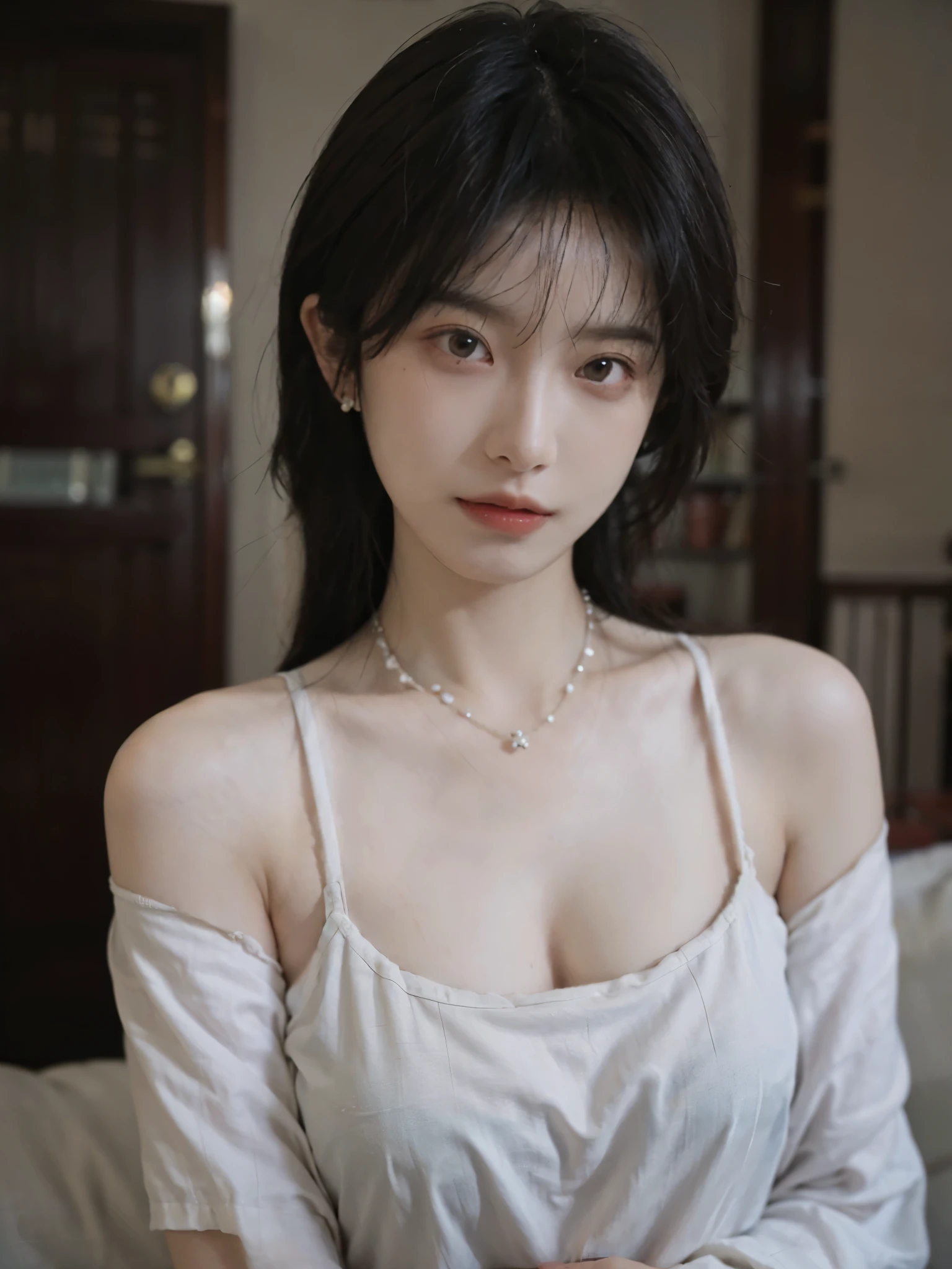 Film portrait photography, 1 girl, bare shoulders,lipstick，（flat chest：1.4）， Shoulder length wavy hair, wear necklace，affectionate eyes，earrings，short sleeves，serene, calm, (Realistic and detailed eyes, natural skin texture, Realistic facial details), Soft dramatic lighting, depth of field, Bokeh, big breasts，Areola，split，cleavage，Vibrant details, Detailed and detailed, surreal, 35mm film, hazy, ,