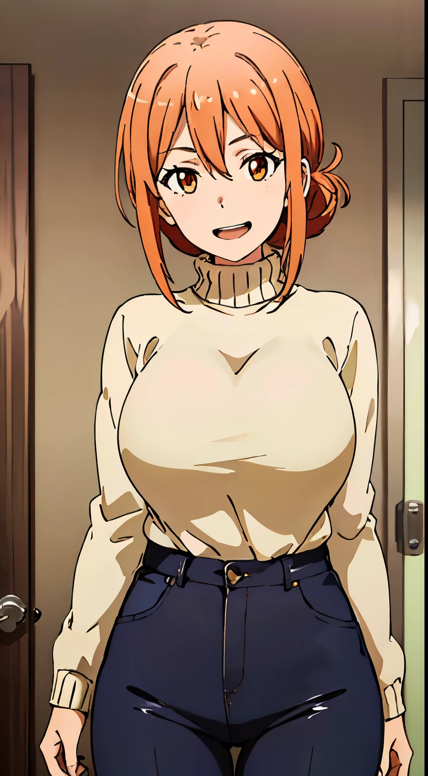 masterpiece,highest quality,Super detailed,best illustrations,best shadow,disorganized,yuigahama, soft expression,open your mouth, smile, sweater, pants,hair between eyes, stylish angle,looking at the viewer, in the center of the image,turtleneck, girl１people, single bun hair, orange eyes, bun hair, shiny hair, teeth, brown eyes, long hair,big breasts,１in people,(beautiful,big breasts:1.2), (beautiful_face:1.3),(narrow_waist),