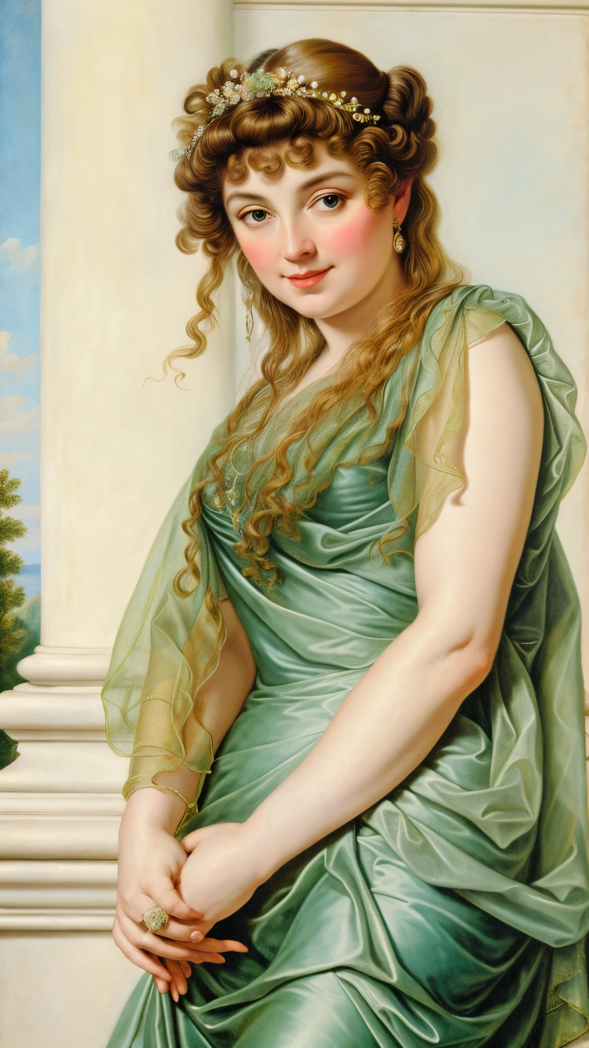 Original Character, ethereal beauty, aesthetic, Masterpiece, 45 years old Woman, thick figure, Full figured lady, middle aged beautiful woman, Best quality, high clarity eyes, critically flawless,sharp picture, styled hair, long hair, fluffy hair, Full portrait, High pixels, perfect face, perfect eyes, beautiful face, perfect hands,perfect fingers, in Peter Paul Rubens style, by Peter Paul Rubens, baroque style, acrylic on canvas, highly detailed, description: "Create a nymph inspired by the tales of Greek or Roman mythology, embodying the essence of a natural element or location, and possessing a unique ability or trait that sets her apart."