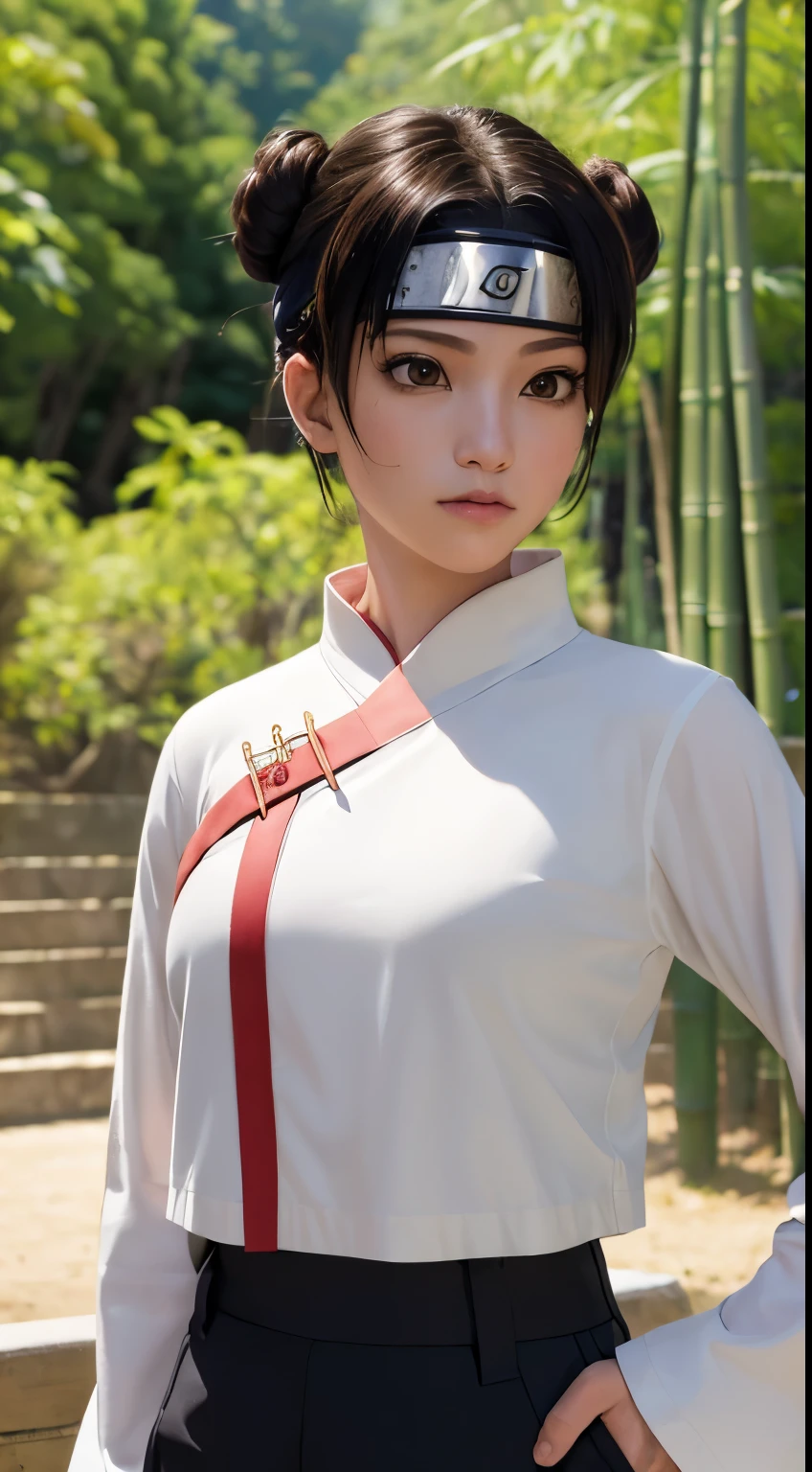 masterpiece, absurdres , (intricate details), (colorful),cinematic lighting,bust shot,extremely detailed CG unity 8k wallpaper,tenten\(shippuden\), 1girl, solo, hakama pants,white shirt, medium breasts, hand on hip,forehead protector, konohagakure symbol, headband,  looking at viewer, outdoors, bamboo forest,  frown,