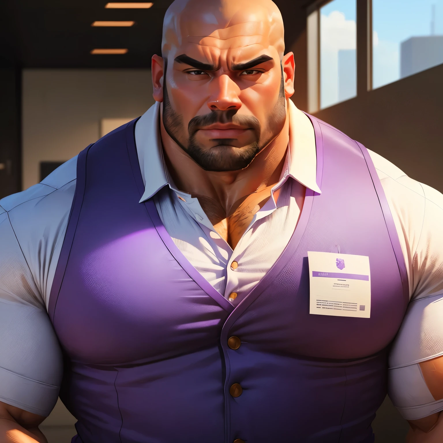 an exaggeratedly muscular and large bald bodyguard, beefy build, mixed race, (wearing lavender business casual vest: 1.2), name tag, (bara pecs: 1.3), (arm and chest hair: 1.1), close-up portrait HD, bright corporate office with large windows